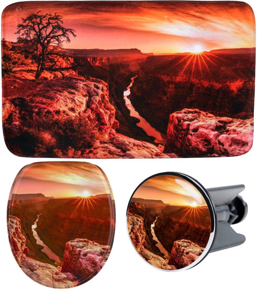 Sanilo Badaccessoire-Set Grand Canyon, Komplett-Set, 3 tlg., bestehend aus WC-Sitz, Badteppich und Waschbeckenstöpsel