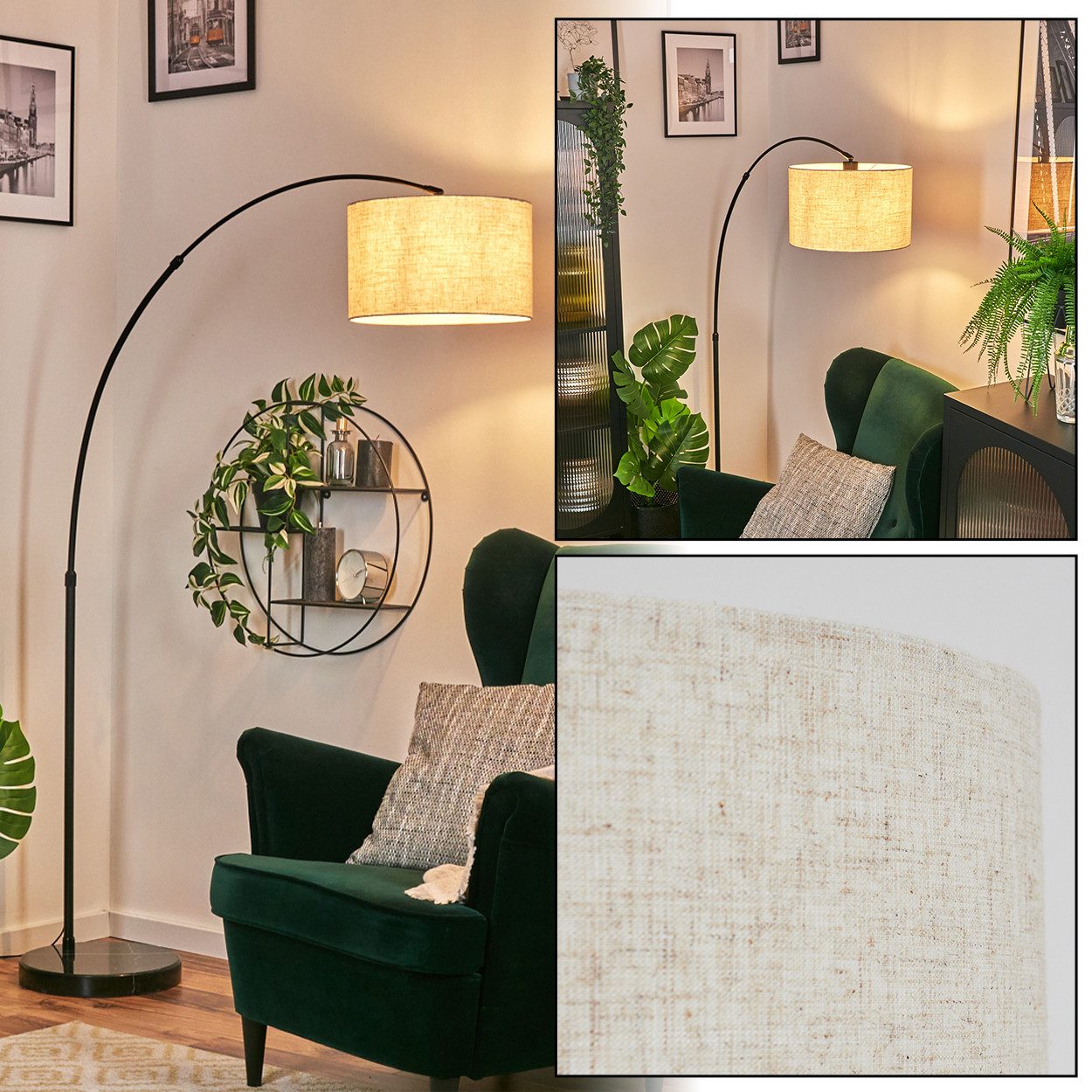 hofstein Bogenlampe Stehlampe mit Marmorfuß aus Metall/Stoff in Schwarz/Beige/Weiß, verstellbare Stehleuchte im modernen Design, Ø 35 cm, Fußschalter, E27