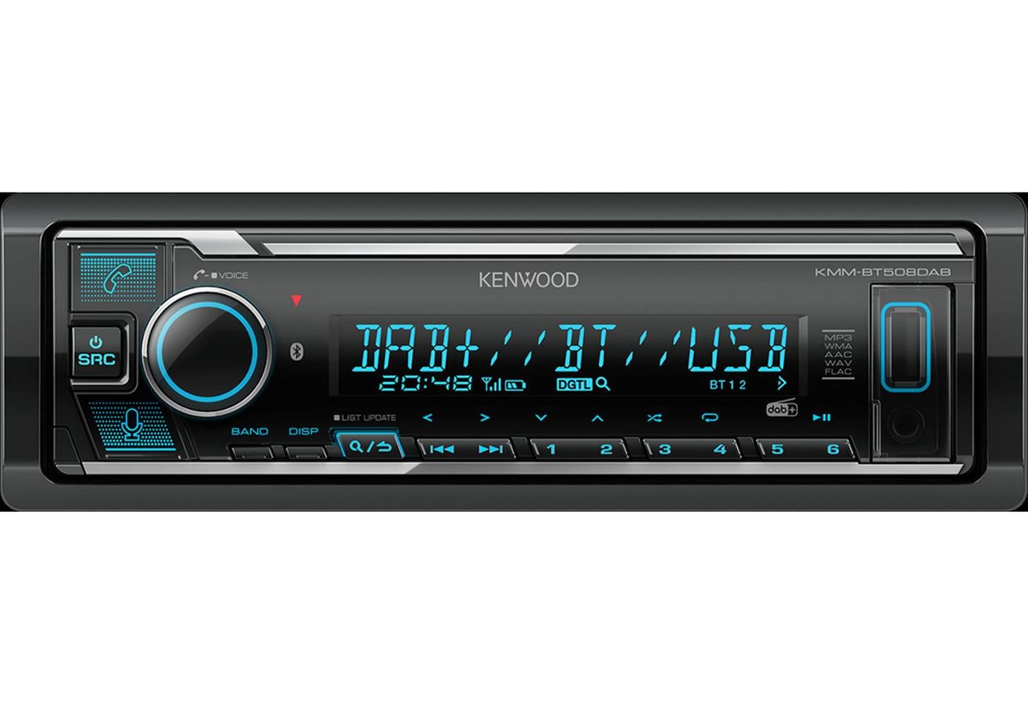 KENWOOD KMM-BT508DAB iPhone Android Laufzeitkorrekturradio Autoradio (RDS, AM/FM Radio, Animiertes Display, Freisprecheinrichtung, 1 DIN)