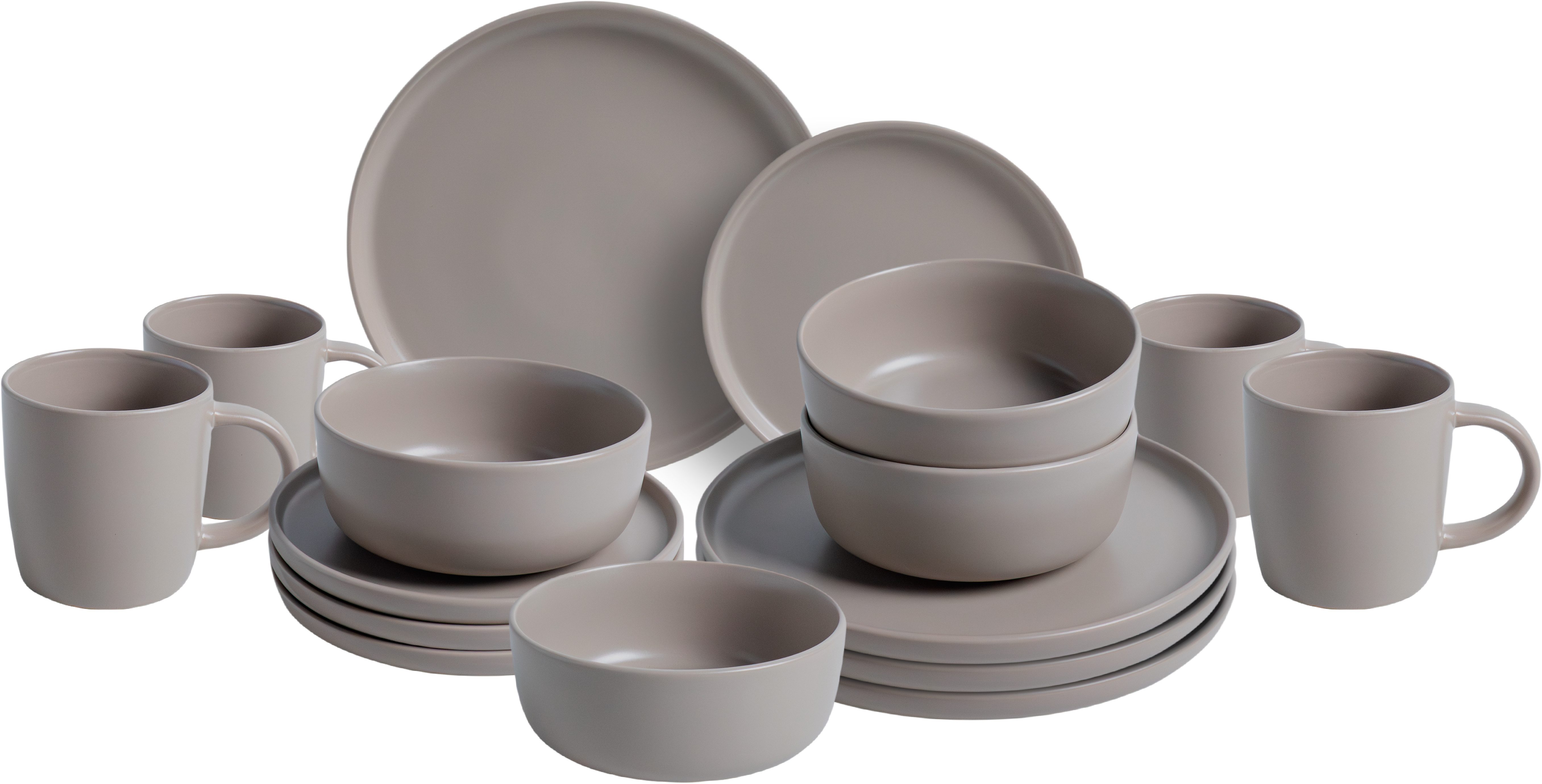 van Well Kombiservice Geschirr-Set Grigio, 16-teilig (16-tlg), 4 Personen, Steingut, rund, taupe, spülmaschinen- und mikrowellengeeignet