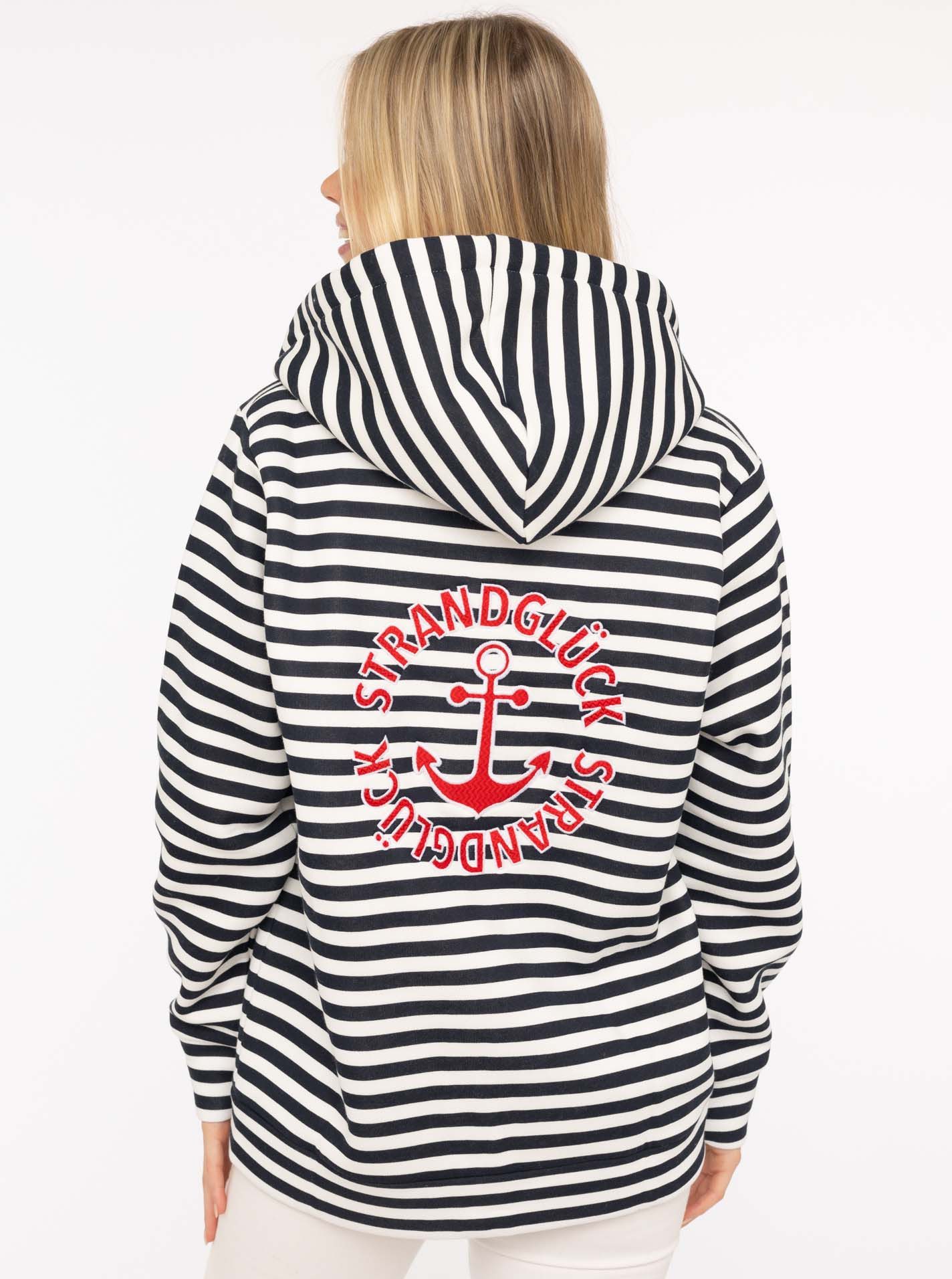 Zwillingsherz Kapuzensweatjacke "Streifen Strandglück" gestreifte Hoodiejacke mit Strandglück Stickerei und Anker am Rücken – Bild 4 von 5