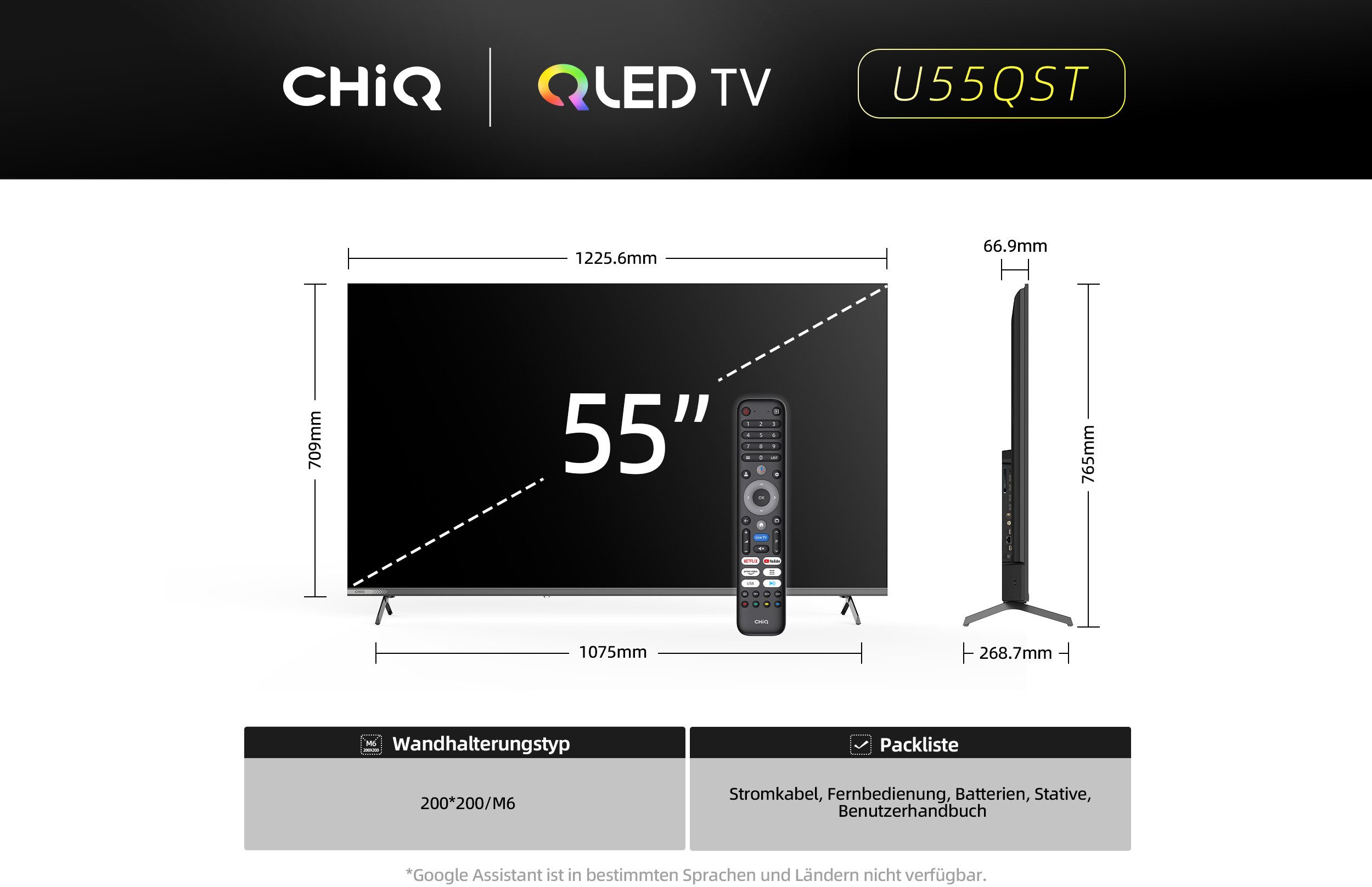 CHiQ U55QST QLED-Fernseher (139 cm/55 Zoll, 4K Ultra HD, 4k UHD TV, Smart-TV, QLED TV, QLED Fernseher, Google TV, Inkl. Streaming Content, Kompatibel mit Apple AirPlay, Google TV)