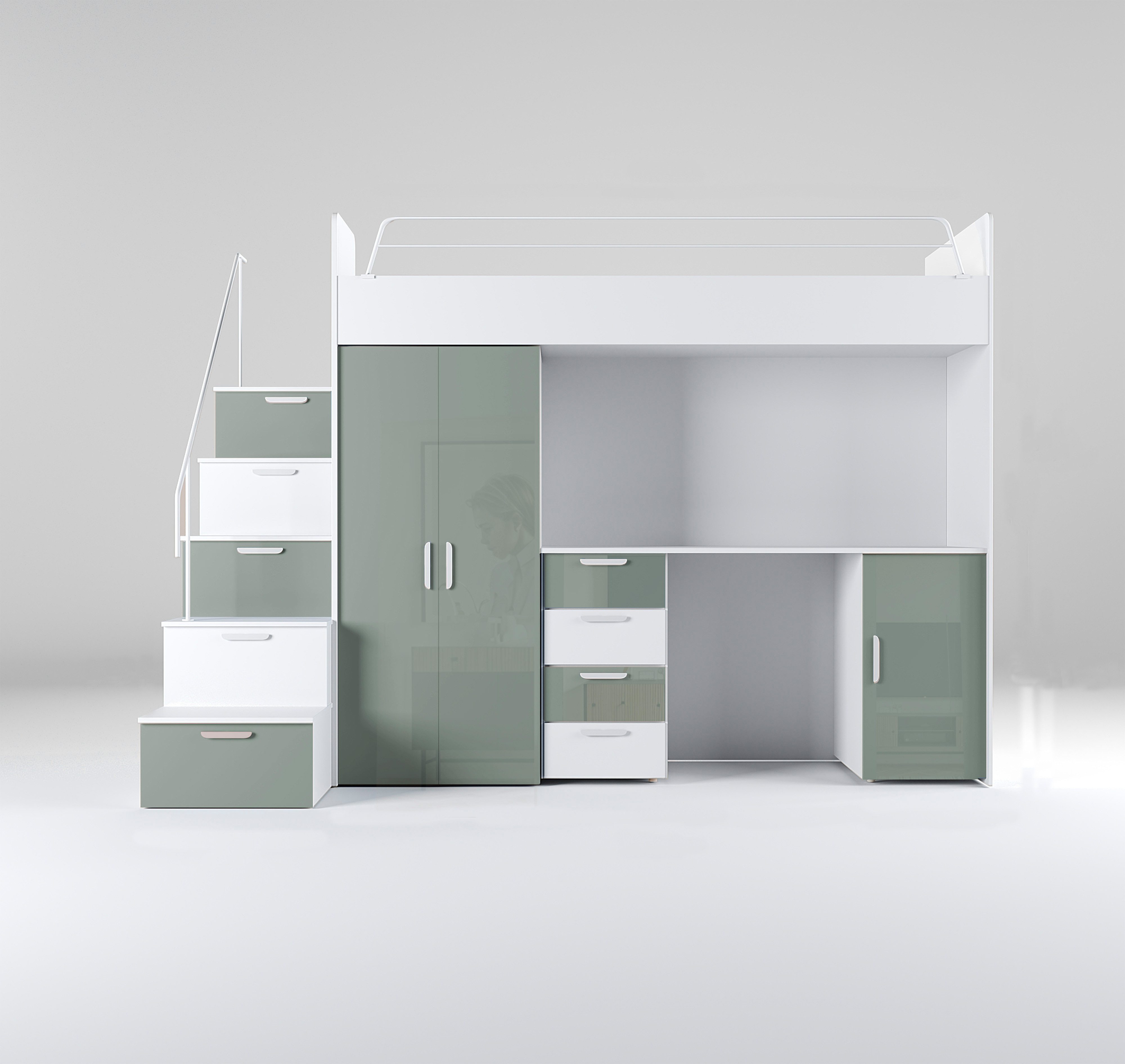 Luxusbetten24 Hochbett Kinderhochbett Dream mit Schreibtisch, Kleiderschrank und Staufächern