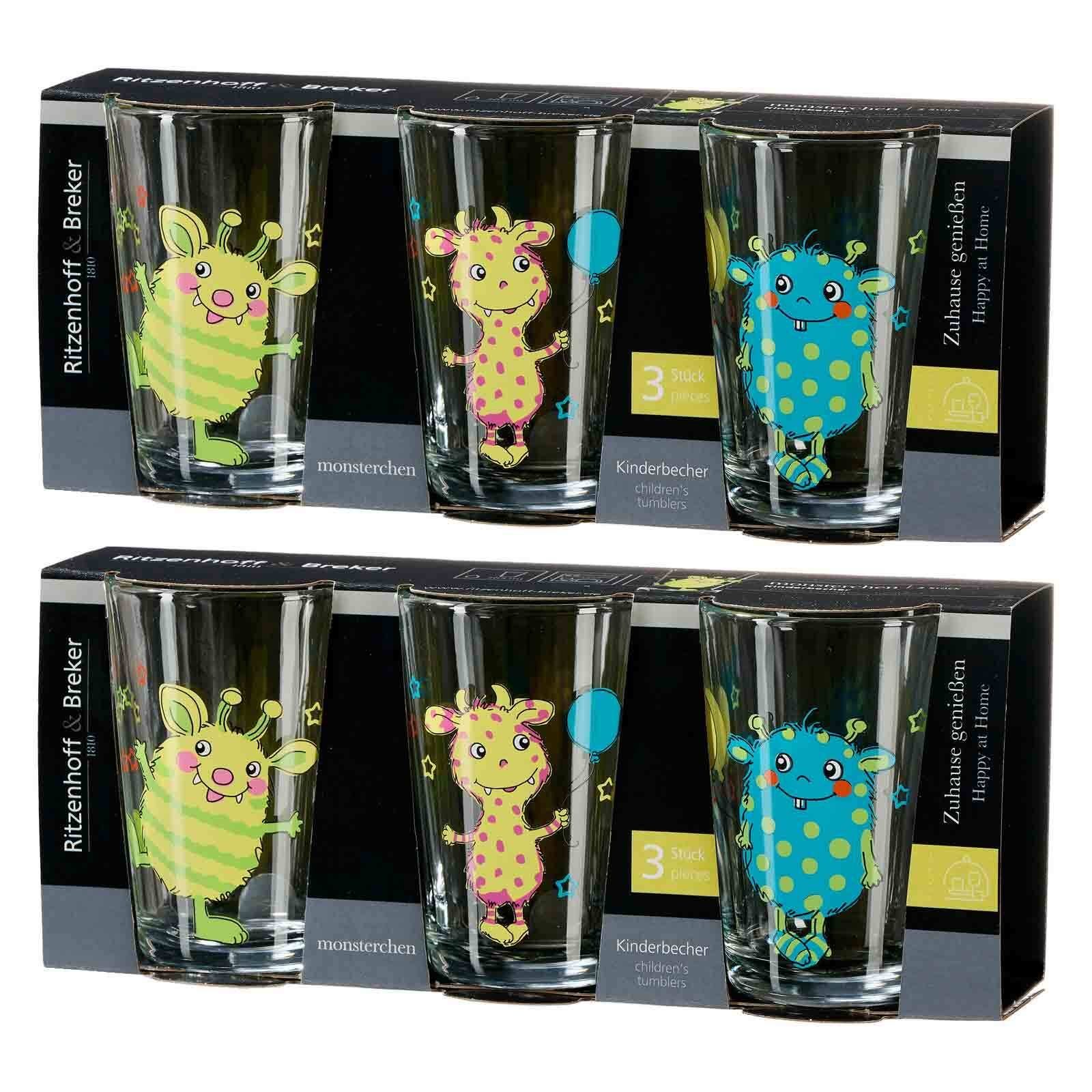 Ritzenhoff & Breker Kinderbecher Monsterchen Kindergläser 205 ml 6er Set, 6-tlg., Glas