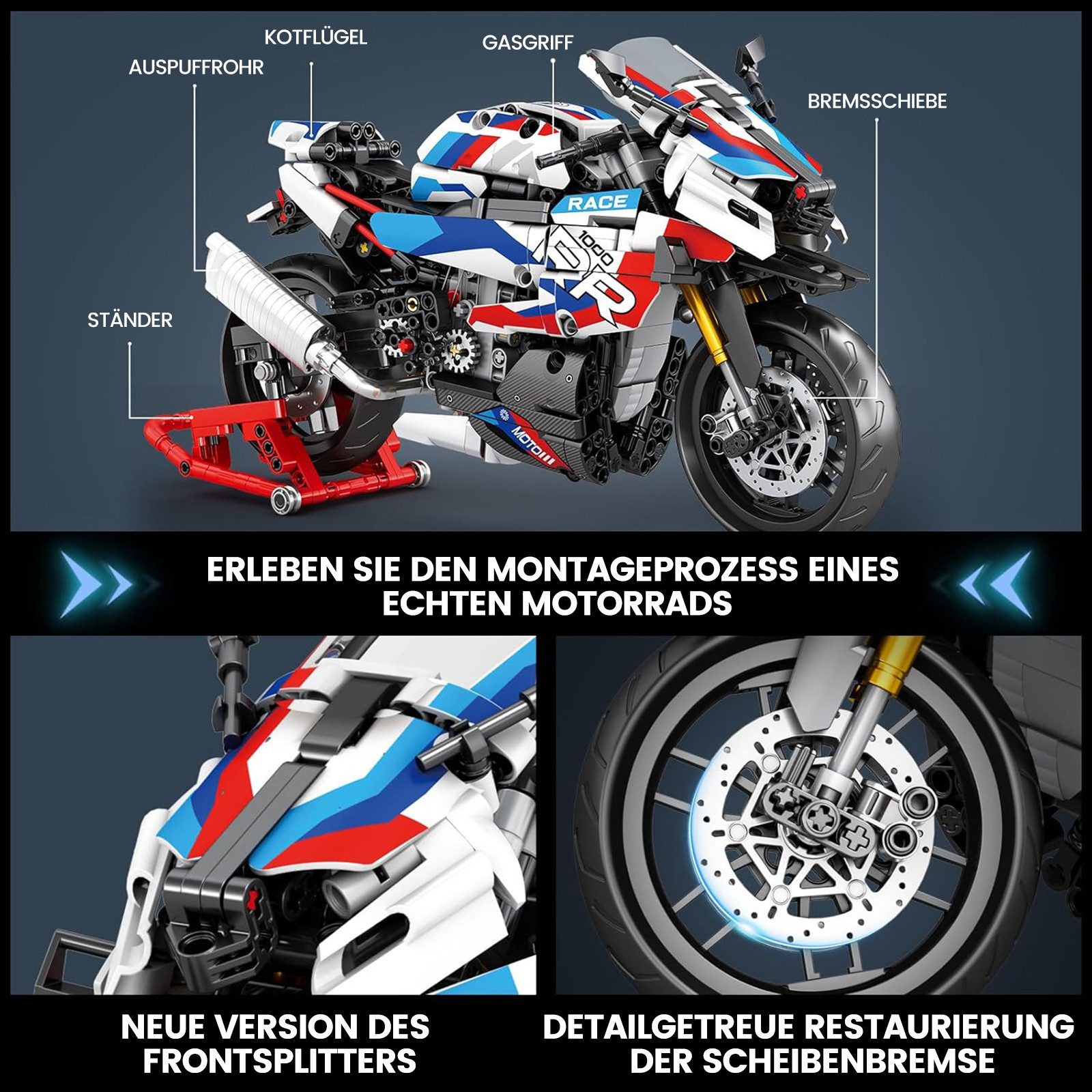 Bundviel Bausteinset Bauklötze Baukasten Motorrad Schulbus Spielbauklötze Spielbausteine, (949 St)