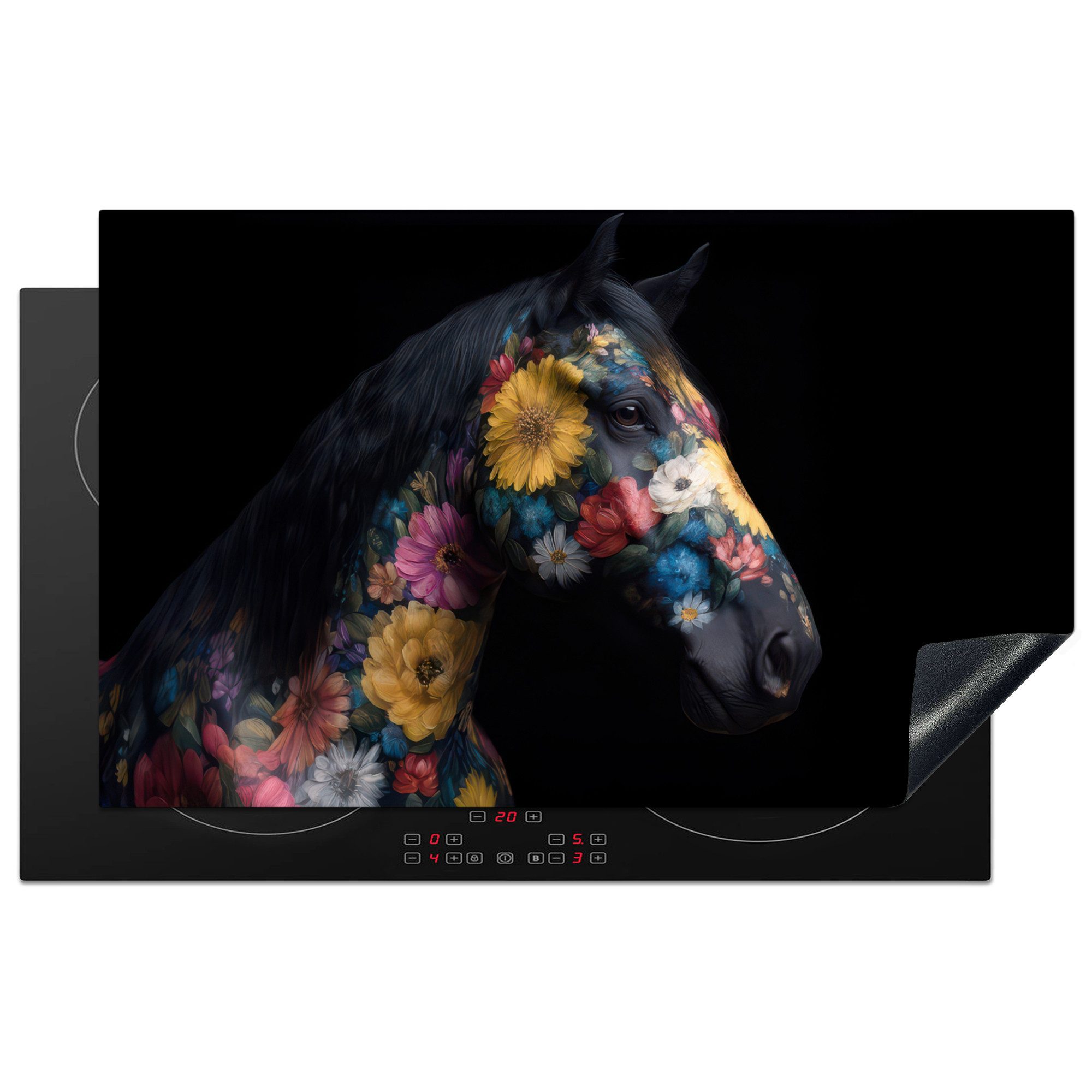 MuchoWow Herd-Abdeckplatte Pferd - Blumen - Schwarz, Vinyl, (1 tlg), Herdabdeckplatten für Ceranfeld, Induktionsschutz, 80x50 cm