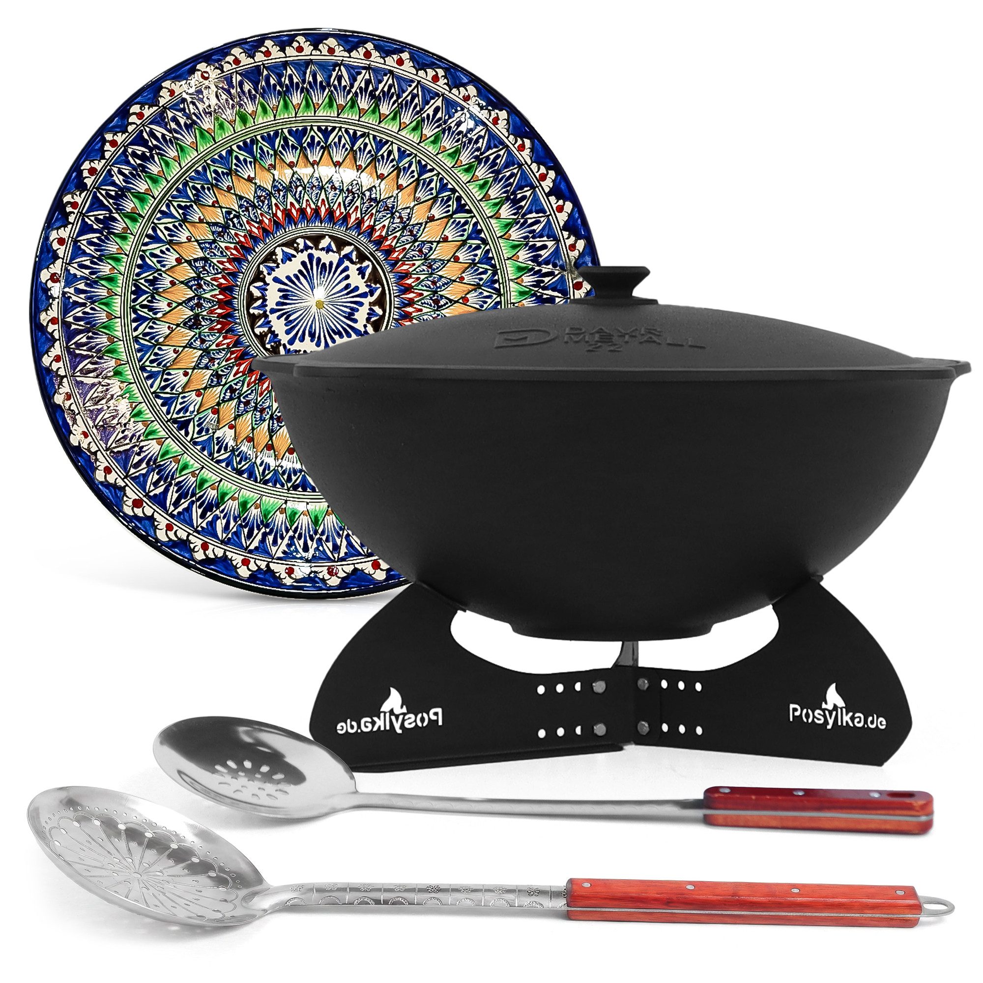 DAVR Metall Schmortopf Kasan 22 L Set 8-tlg. flacher Boden Lagan Ø 42 cm 2 Schaumlöffel, Stahl, Gusseisen, Keramik, Aluminium, Edelstahl, Kunststoff (8-tlg), Dickwandig