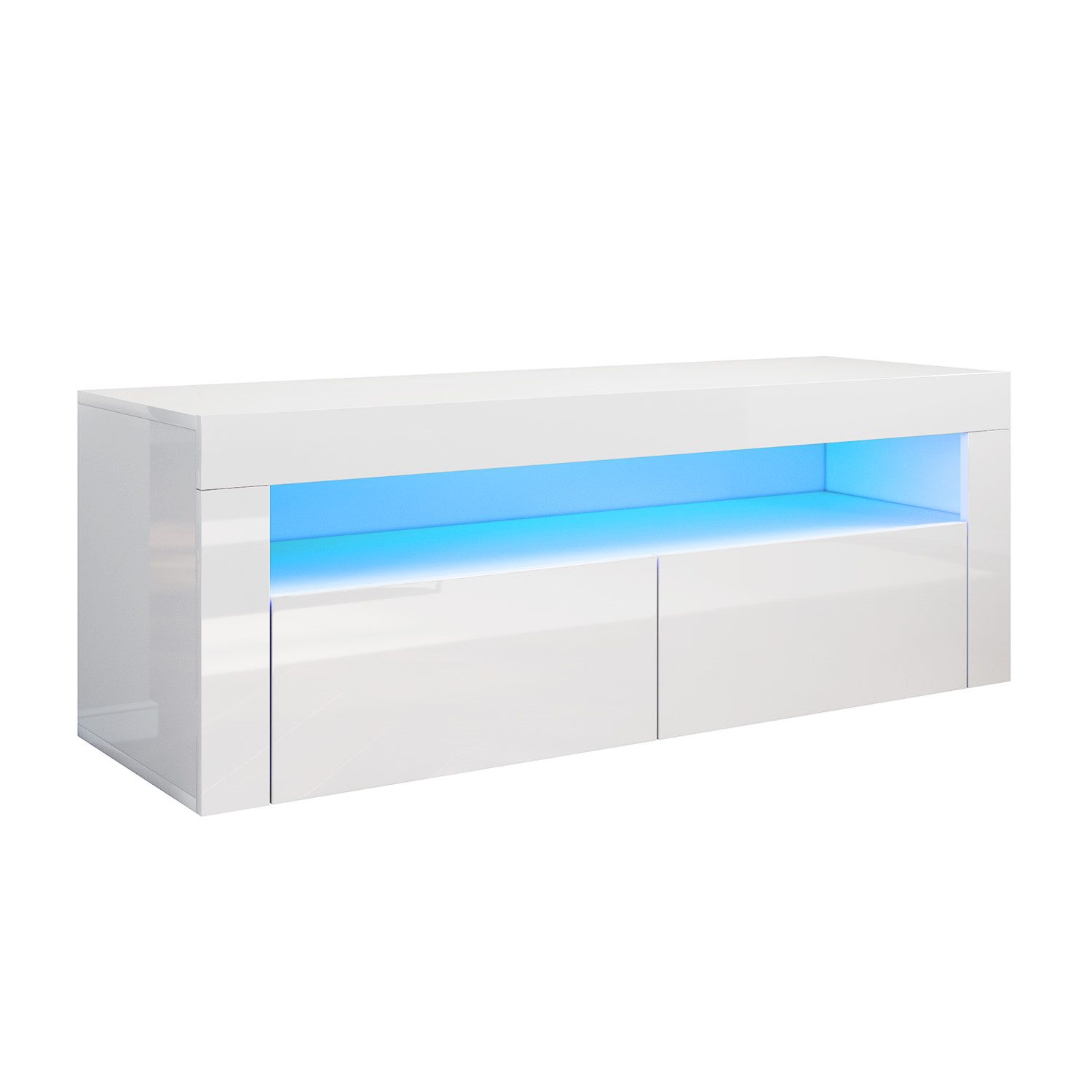 SONNI Lowboard TV Lowboard weiss Hochglanz mit LED Beleuchtung, Breite 120 cm, 12 Farben können eingestellt Werden, mit Klapptür, Griffloses Design – Bild 4 von 5