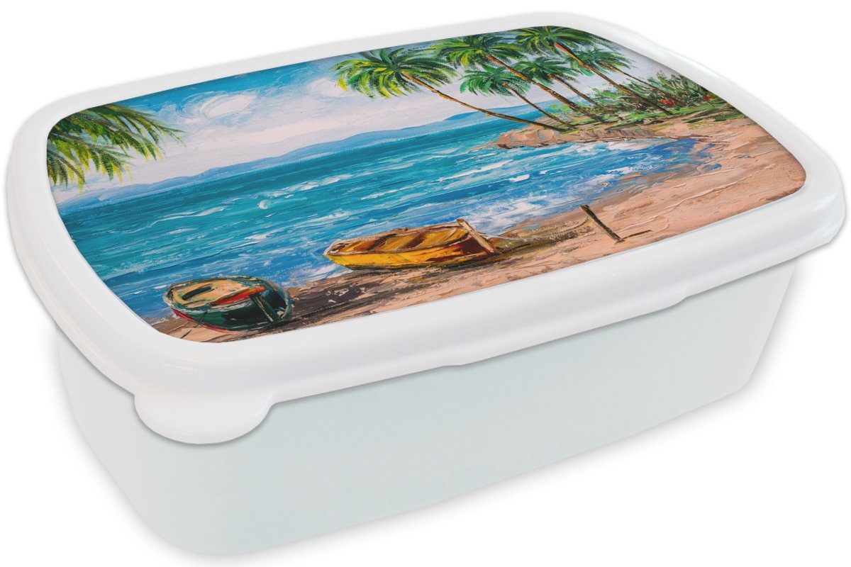 auf und Brotbox (2-tlg), für - Strand Leinwand MuchoWow Kinder weiß Lunchbox für - Gemälde Öl Palme Jungs Mädchen Boot, - und Kunststoff, - Erwachsene, Brotdose,