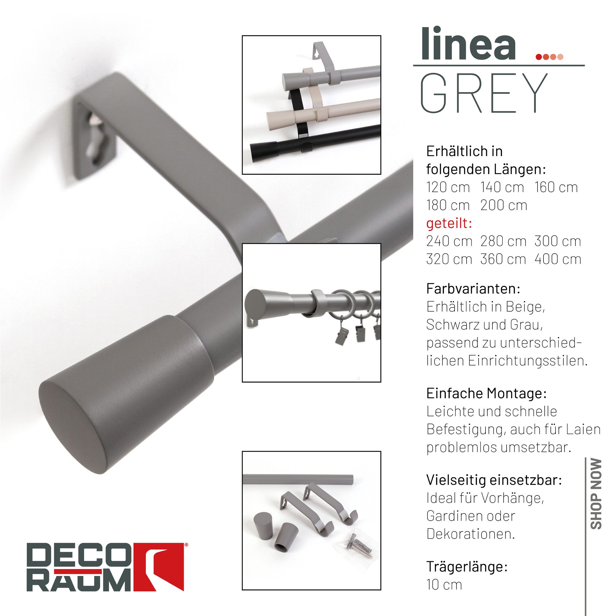 Deco-Raum Gardinenstange Liya, Ø 19 mm, 1-läufig, kürzbar, Wunschmaßlänge, verschraubt, Komplett-Set mit Ringen und Klammern,Befestigungsmaterial