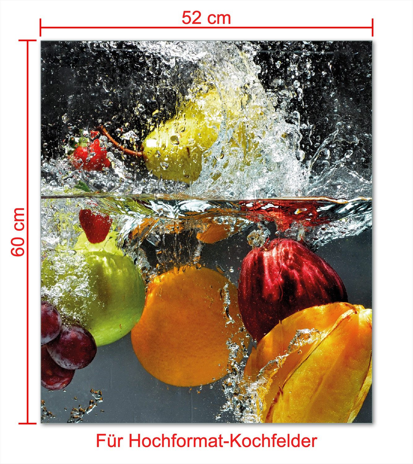 Wallario Herd-Abdeckplatte Früchte im und unter Wasser - Splashing Fruits, ESG-Sicherheitsglas, (Glasplatte, 1 tlg., inkl. 5mm Noppen), verschiedene Größen