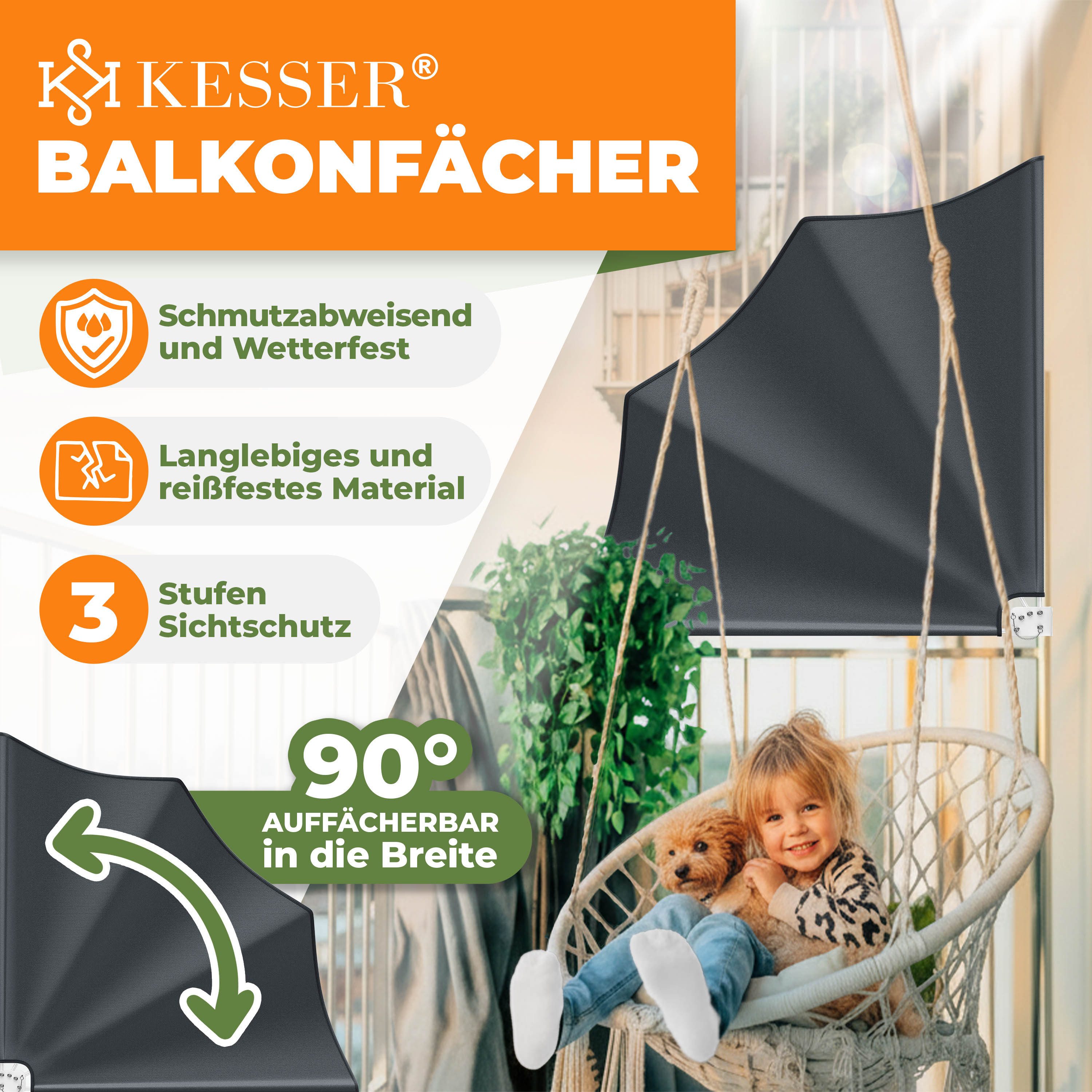 KESSER Balkonsichtschutz Balkonfächer klappbar mit Wandhalterung 140x140cm Markise Sichtschutz