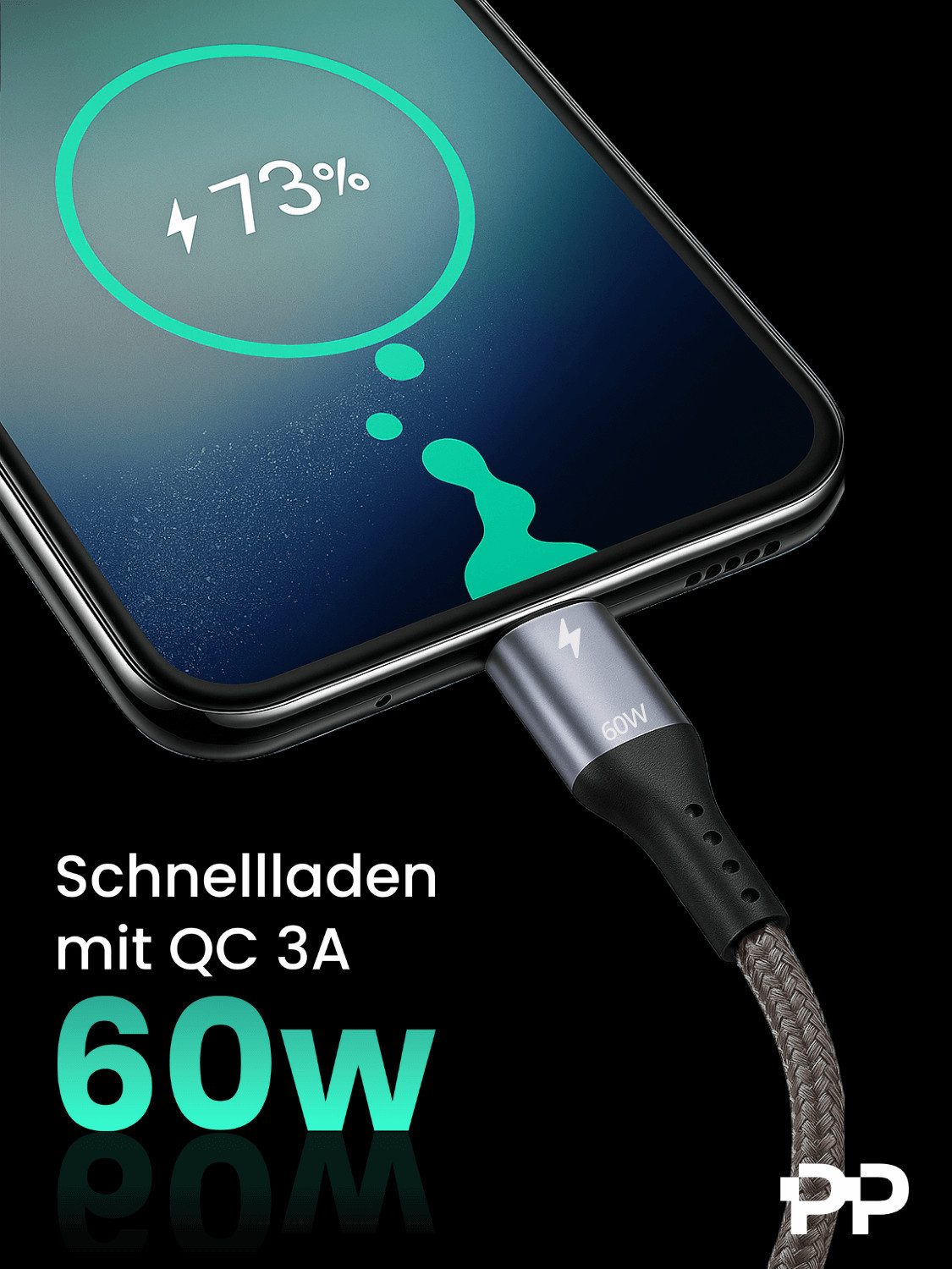 ProfiPatch ProfiPatch USB A auf USB C Kabel 60W QC 3A 1m grau Goldkontakt Textil USB-Kabel