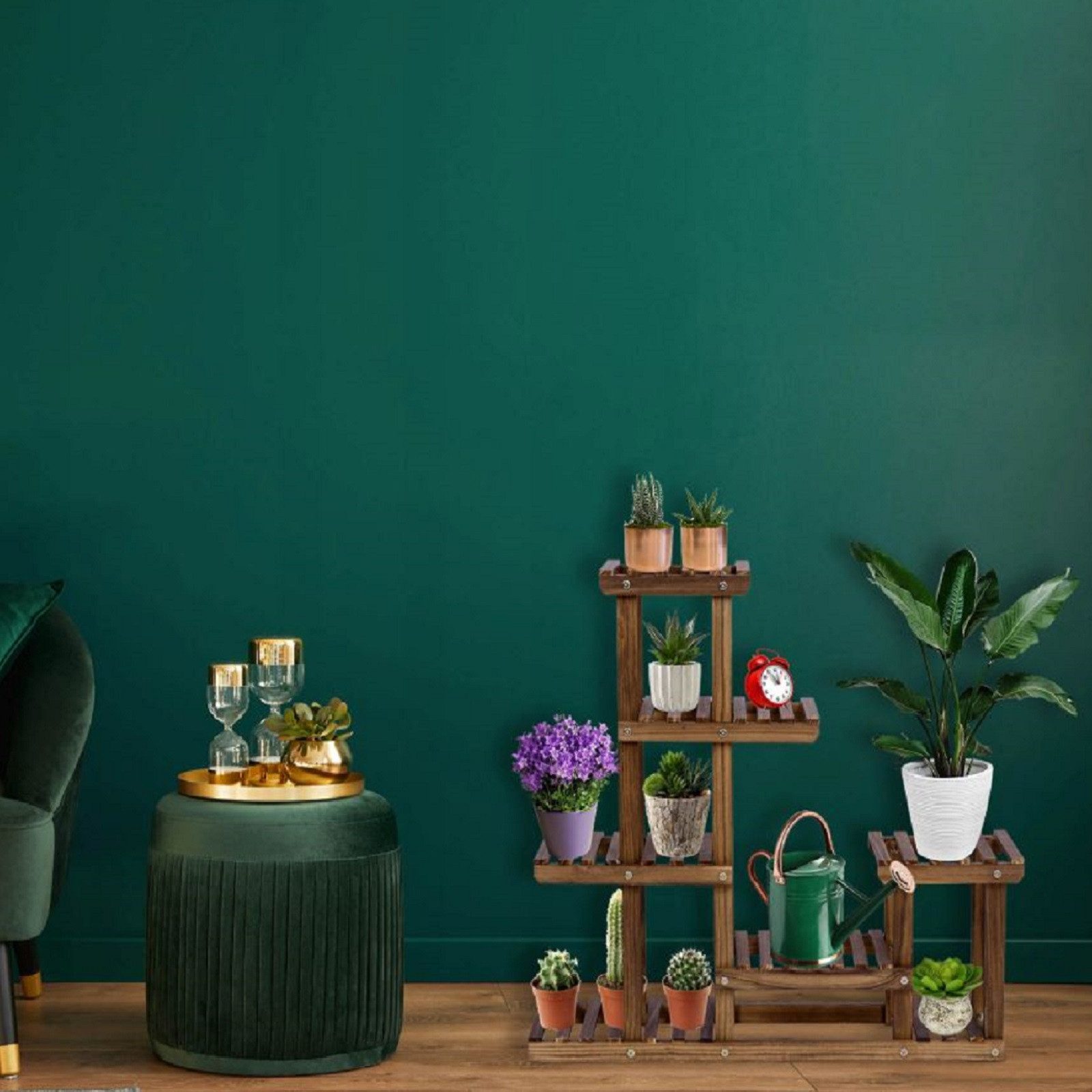 QLS Blumenständer aus Holz mit 5 Ebenen 73x20x73 cm, Pflanzenregal für innen Braun natürliche Holzoptik