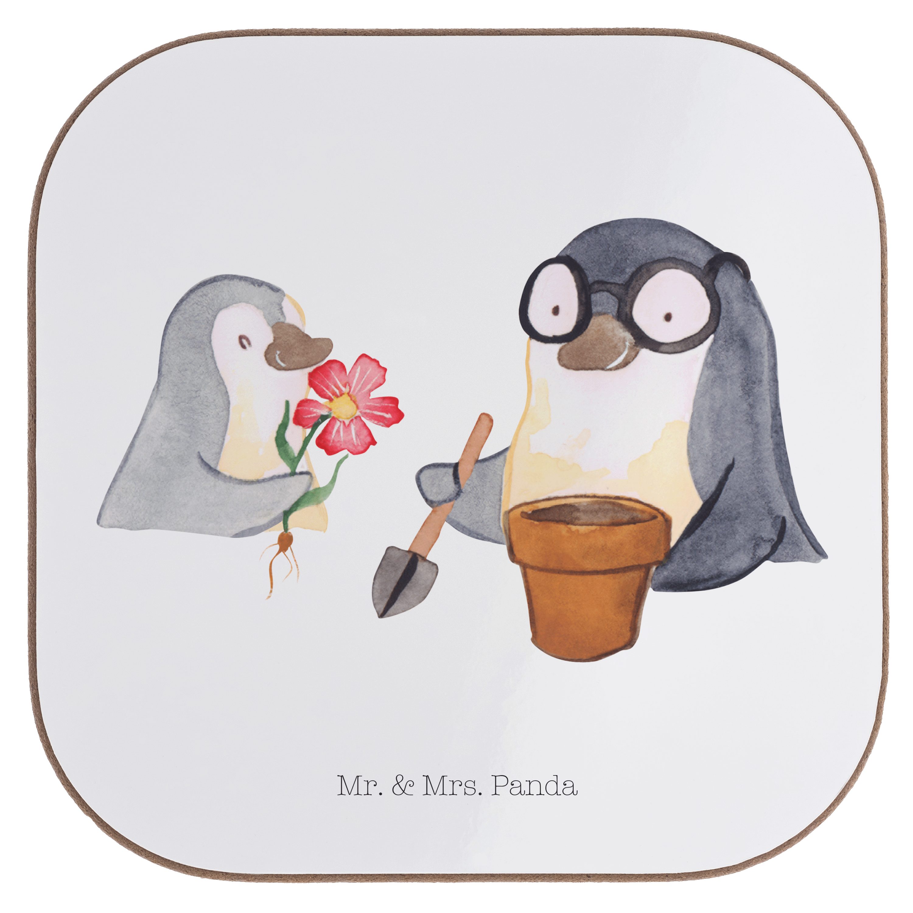 Mr. & Mrs. Panda Getränkeuntersetzer Pinguin Opa Blumen pflanzen - Weiß - Geschenk, Opi, Glasuntersetzer, 1-tlg. | Getränkeuntersetzer