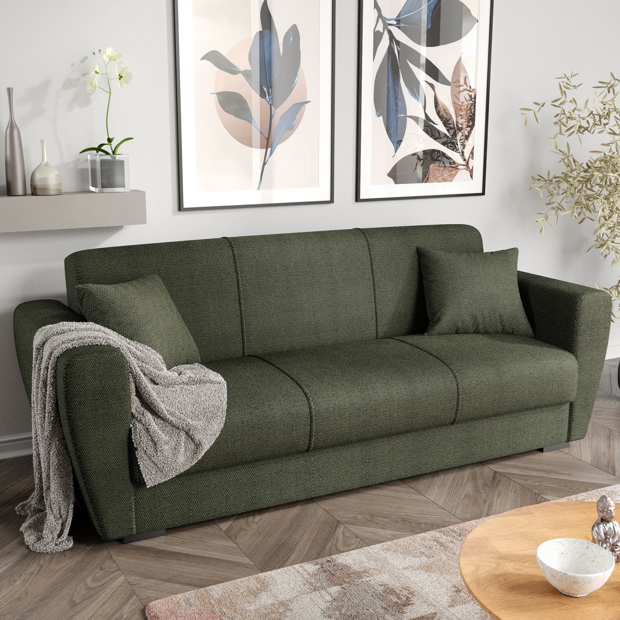 Gozos Sofa Couch x Grün Bettfunktion 3 cm 221 x Sitzer, Palamos Gozos 85 Series Leinenoptikstoff, 86