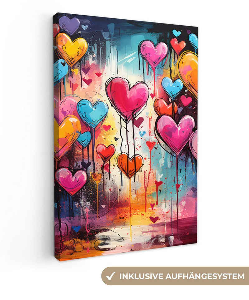 OneMillionCanvasses® Leinwandbild Herzen - Farben - Kunst - Liebe, (1 St), Wandbild für alle Wohnbereiche, Gemälde, XXL, großes, 80x120 cm