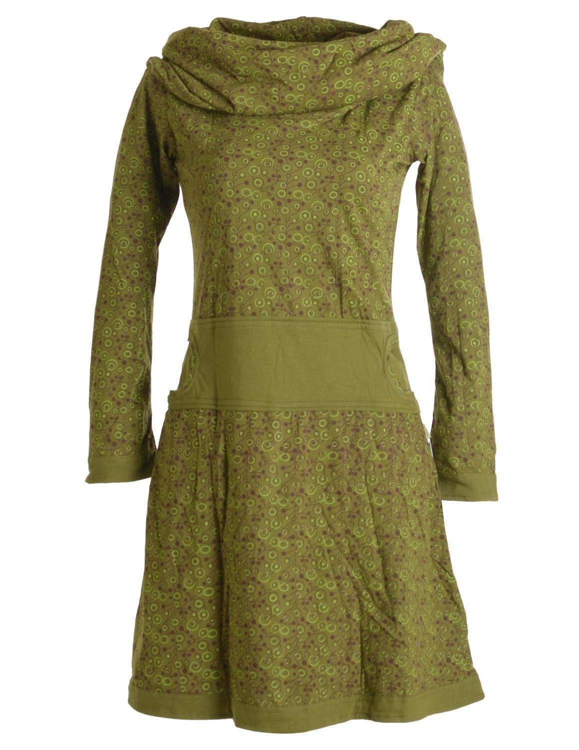 Vishes Jerseykleid Bedrucktes Kleid aus Baumwolle mit Schalkragen Ethno, Goa, Boho, Hippie Style olive
