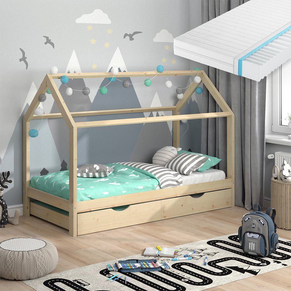 VitaliSpa® Hausbett Wiki, Naturholz, 90x200 cm mit Gästebett und Matratze (2-tlg)