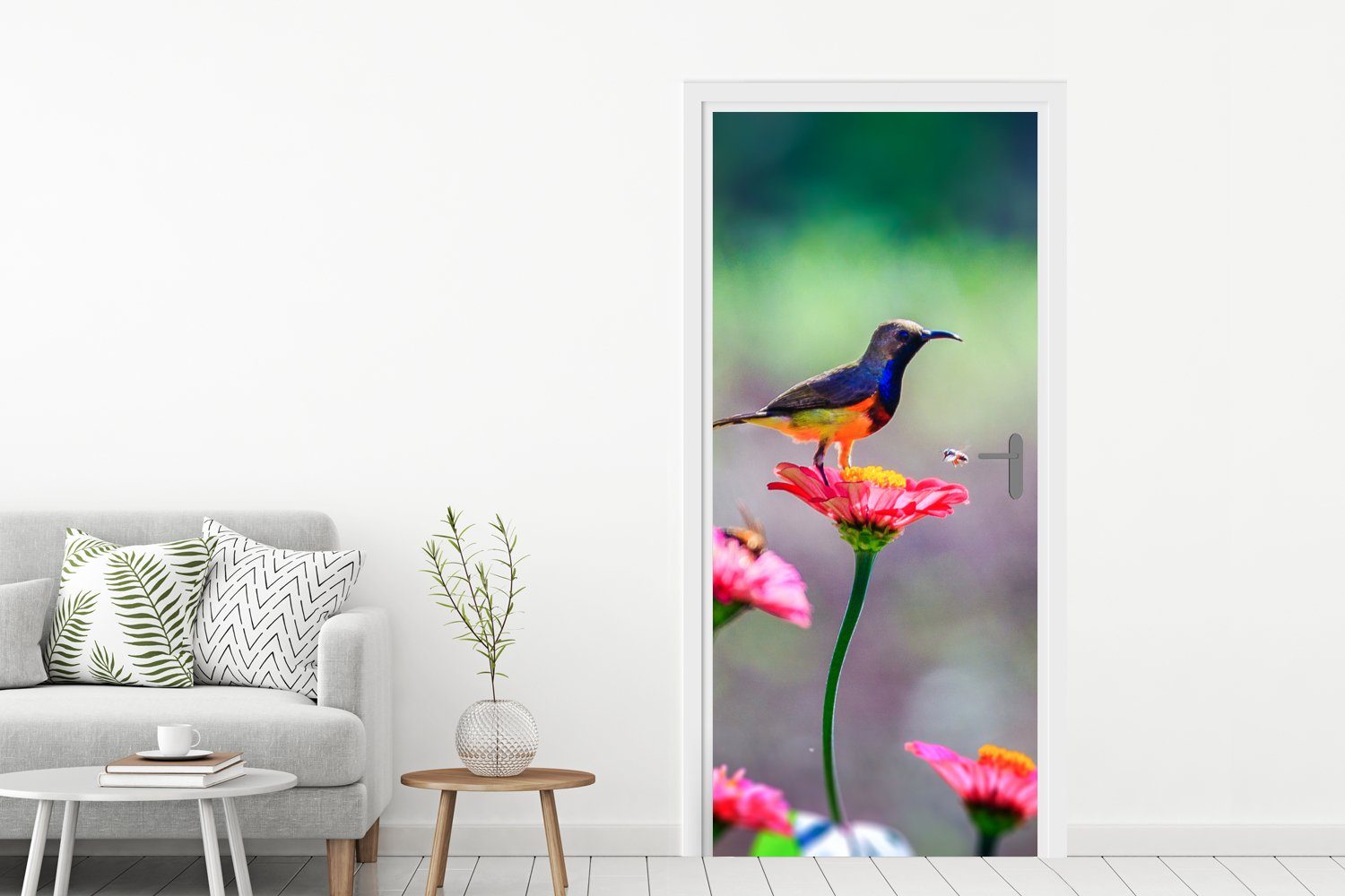 MuchoWow Türtapete Nahaufnahme eines Kolibris Türaufkleber, auf Tür, für St), rosa Fototapete bedruckt, Matt, cm Blüten, 75x205 (1