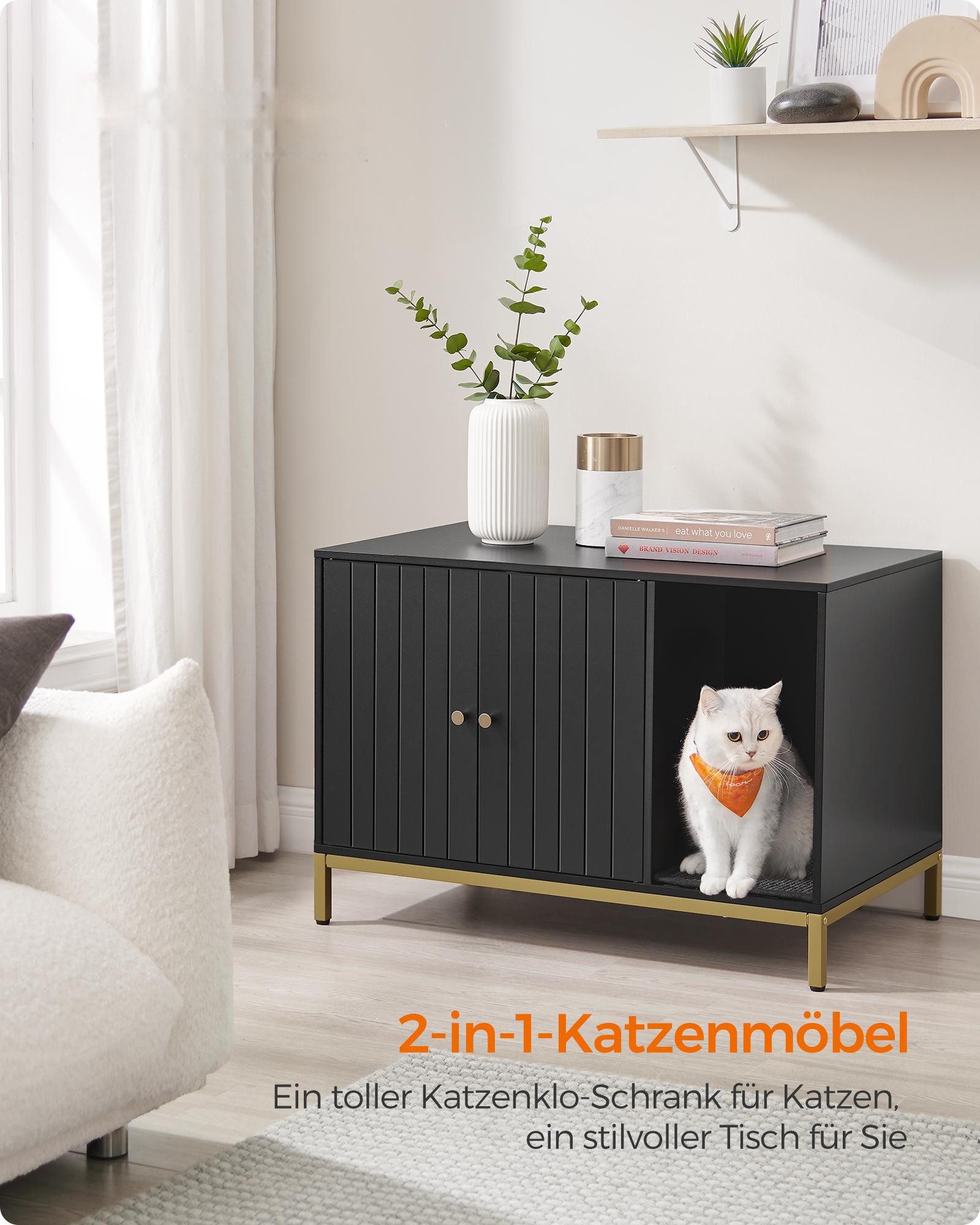 FEANDREA Katzentoilette Katzenklo-Schrank, Katzenhaus, Beistelltisch, 80 x 50 x 55 cm, mit Kratzmatte, hohe Beine, für Katzen, schwarz-goldfarben