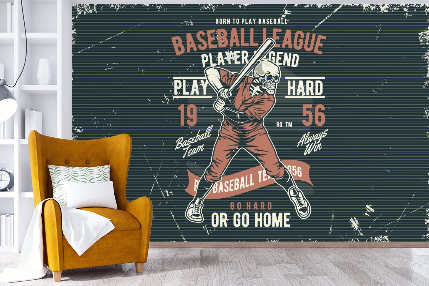 Baseball, Tapete für - Jahrgang St), Wohnzimmer, (6 Wallpaper Vinyl Schlafzimmer, Skelett bedruckt, Fototapete MuchoWow Matt, Kinderzimmer, -