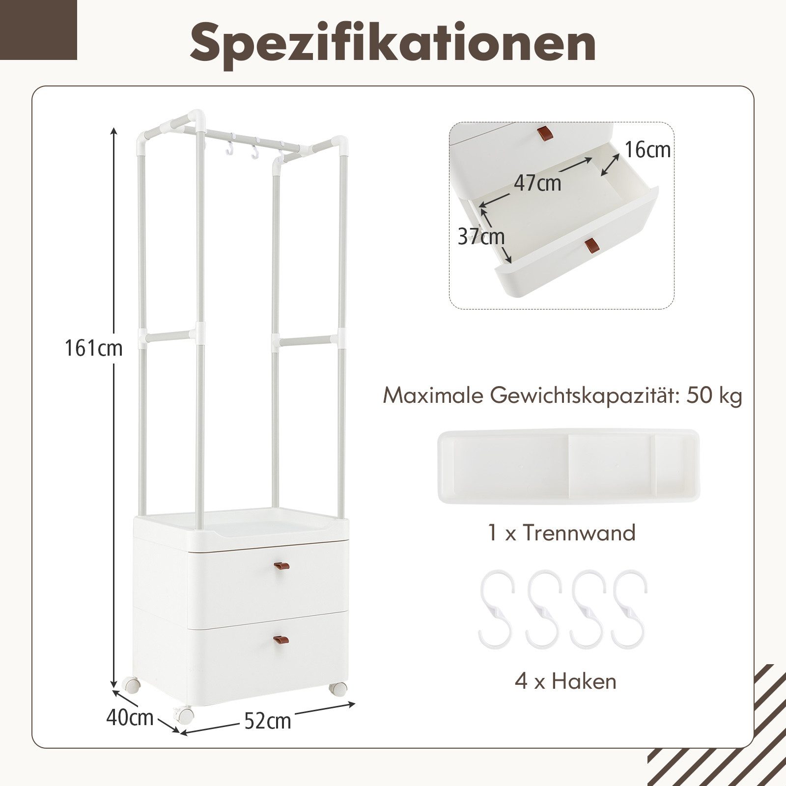 KOMFOTTEU Kleiderständer, Kleiderschrank mit Rollen, 2 Schubladen, 4 Haken