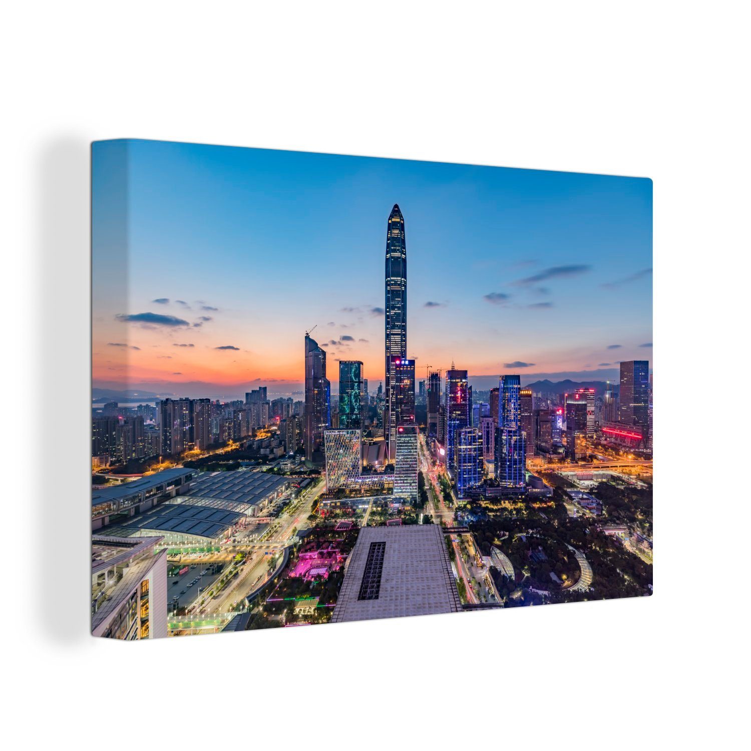 OneMillionCanvasses® Leinwandbild Skyline von Shenzhen, (1 St), Wandbild Leinwandbilder, Aufhängefertig, Wanddeko, 30x20 cm