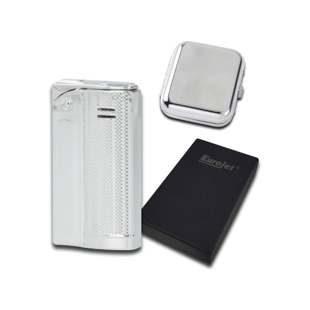 Coumo Feuerzeug Set Retro Silber Antik Design Feuerzeug + Taschenaschenbecher, Piezo Zündung, Geschenkverpackung