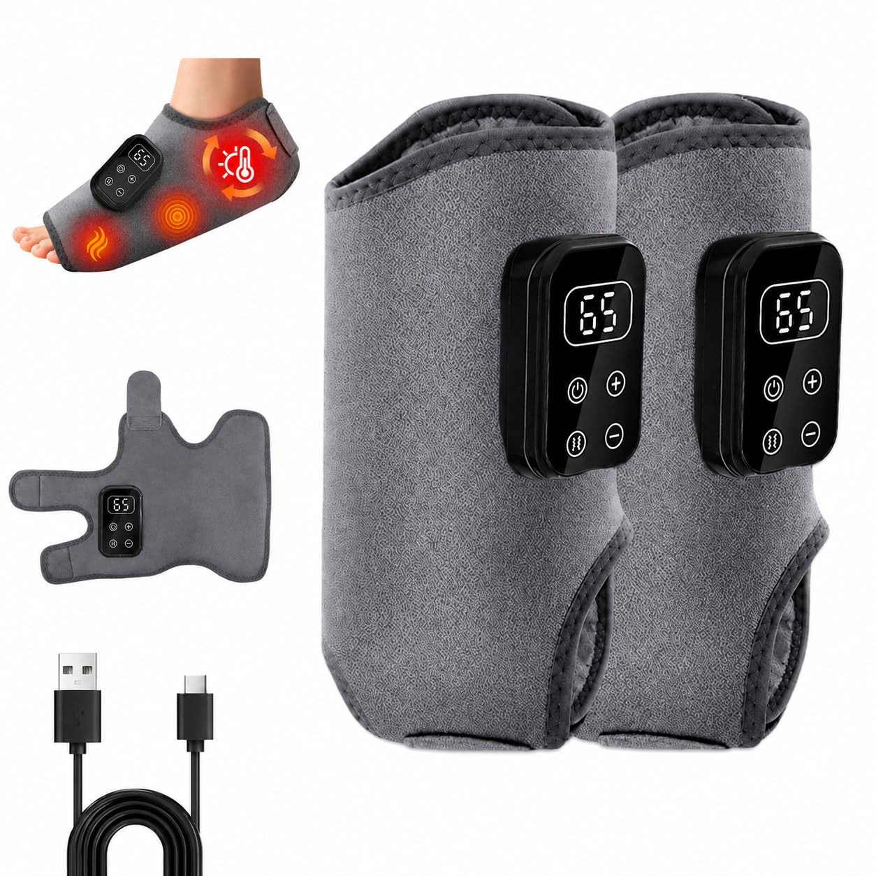 AIBISTAR Fußmassagegerät Kabelloses Fußmassagegerät, 3000 mAh, 65°C, 2er-Set Wadenmassagegerät, Set 2-tlg., 3-in-1-Triple-Therapie (Wärme + Vibration + Luftkompression)
