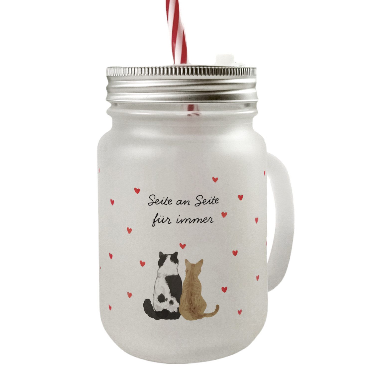 Glas Katzen Pärchen Mason Jar Henkel Trinkglas mit Deckel Spruch Seite an
