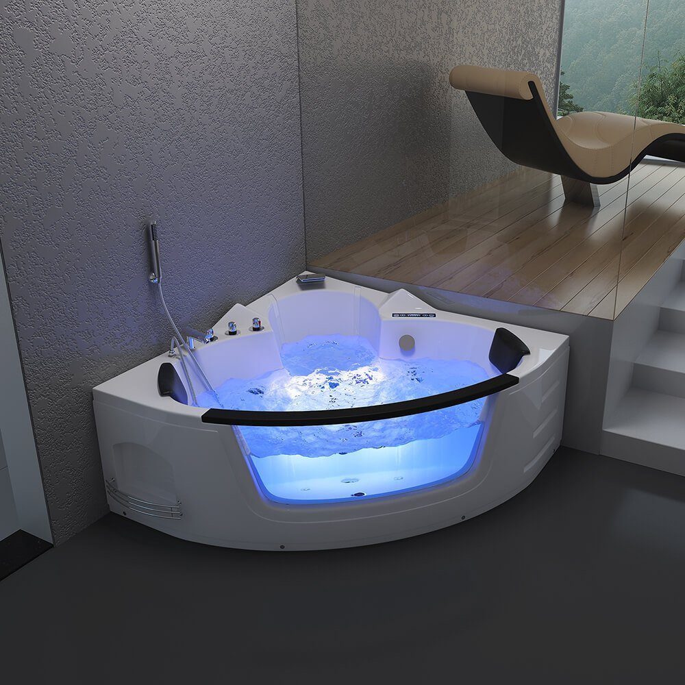 HOME DELUXE Whirlpool-Badewanne LAGUNA - L Kompakt 140 x 140 x 65 cm, inkl. Farblichttherapie, Armaturen, Radio, Eckbadewanne