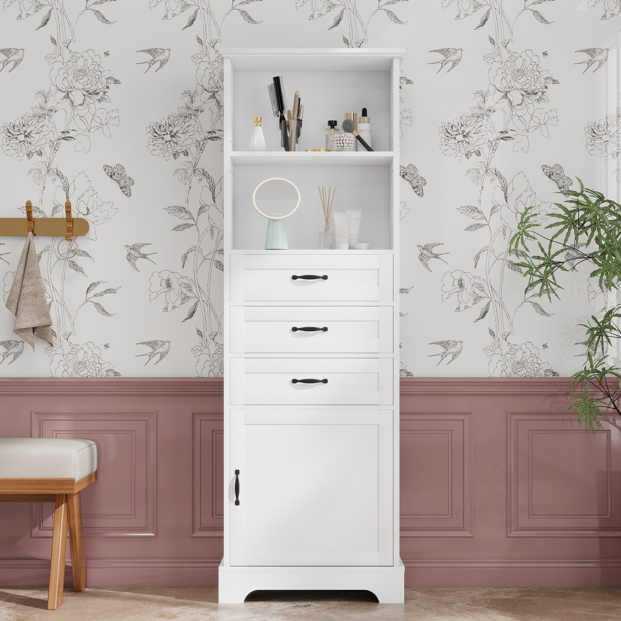Flieks Badkommode Badezimmerschrank mit 3 Schubladen und 4 Ablageflächen (1 St., 56x25,6x167 cm), Hochschrank Mehrzweckschrank mit verstellbaren Einlegeböden Weiß