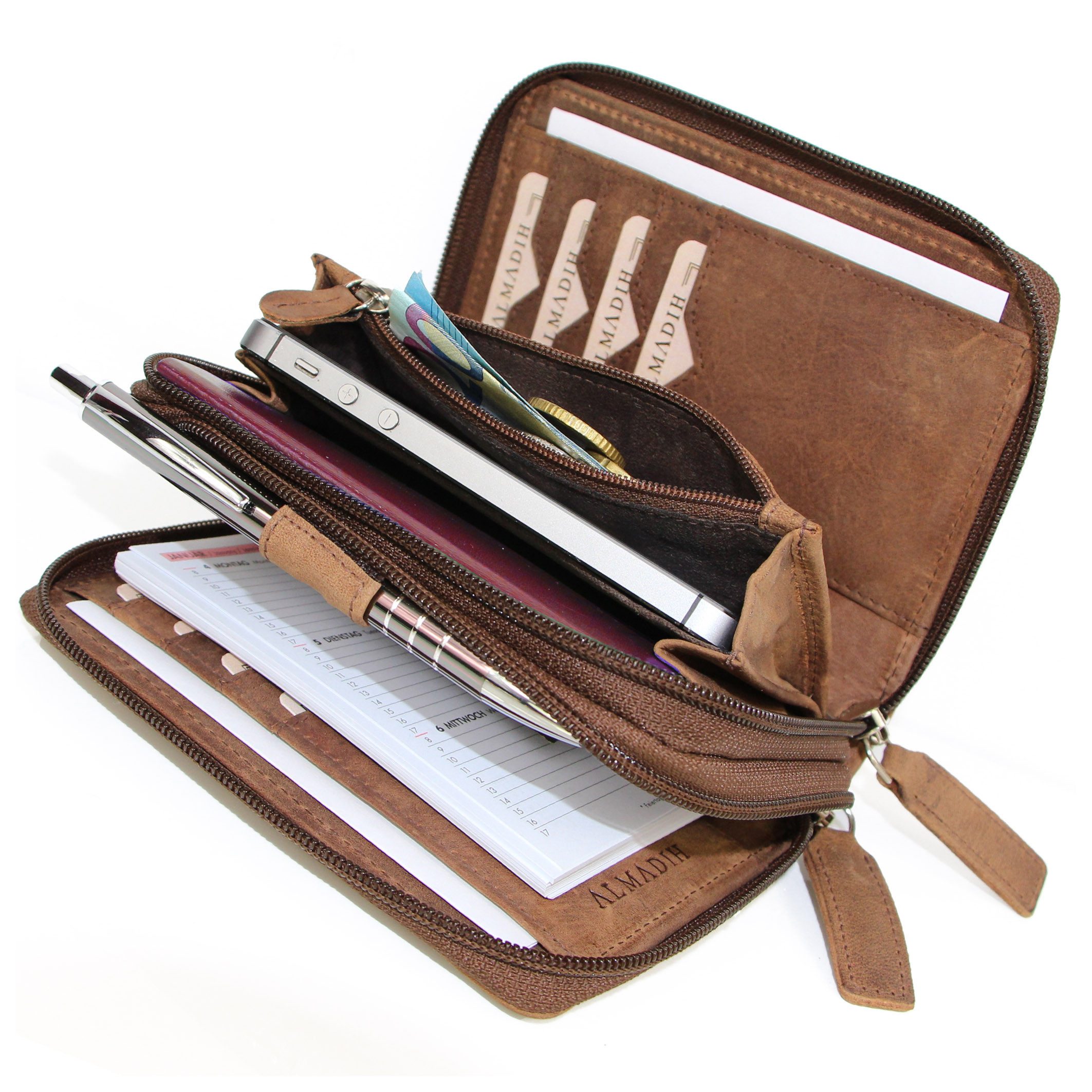 ALMADIH Konferenzmappe Ledermappe A7 Kombimappe Leder Organizer 2026 braun, schwarz