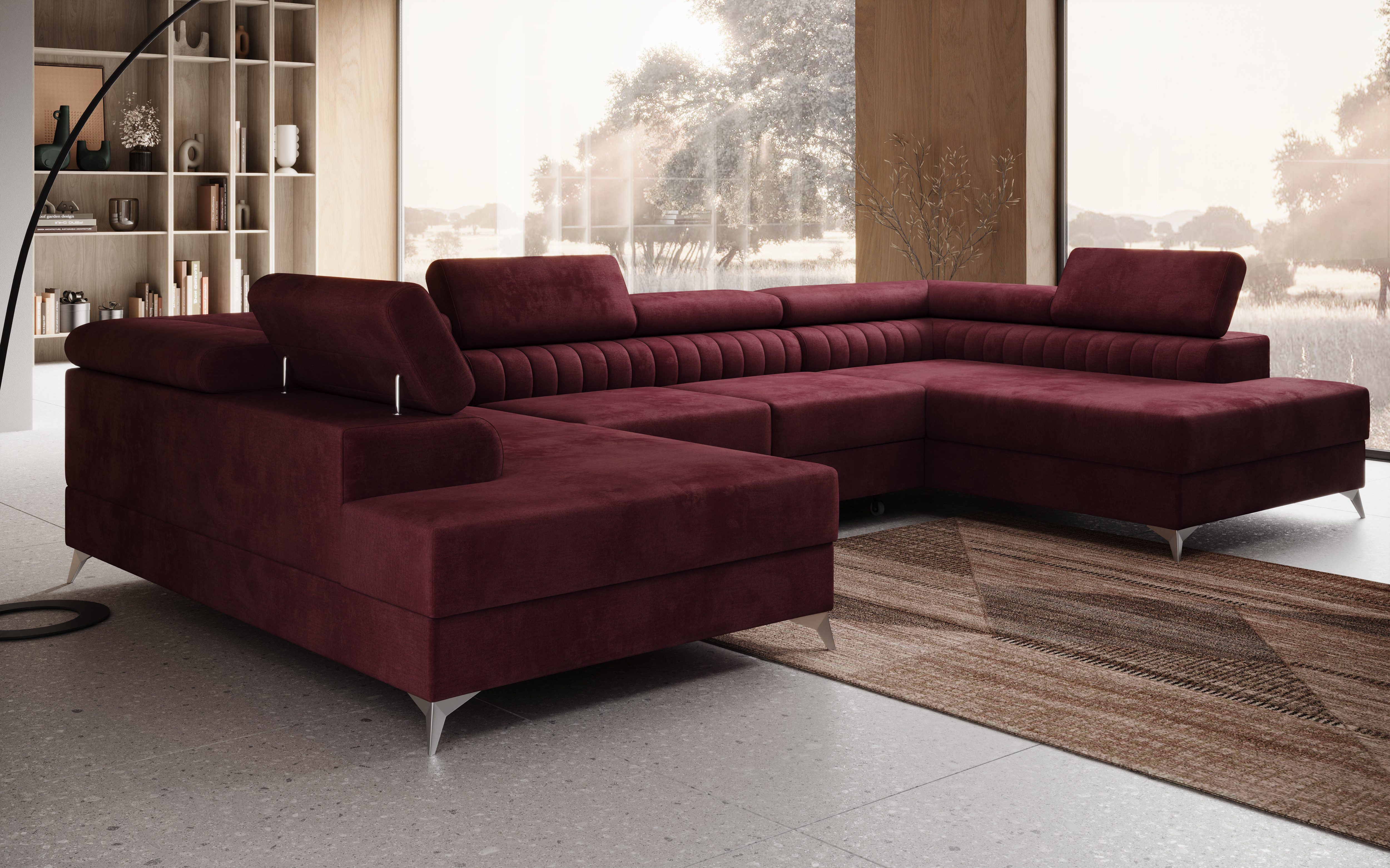 thematys Ecksofa PRATO U 355 x 204cm mit Schlaffunktion & Bettkasten –, U-Sofa mit 4 verstellbaren Kopfstützen, Samt (Monolotith), oder Bouclé (Quelle), - U-Form, XL-Wohnlandschaft, 355 cm breit