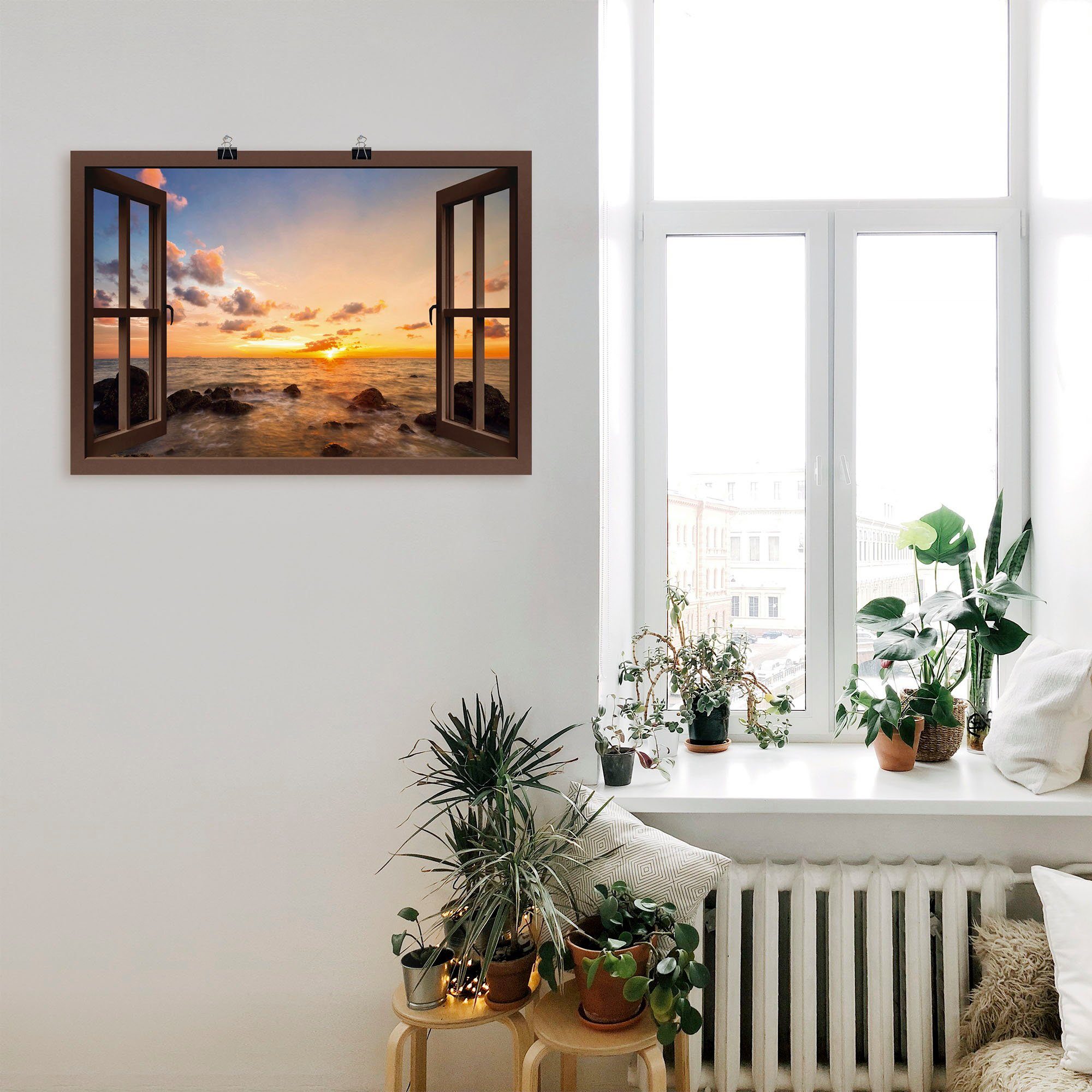 Artland Wandbild oder Leinwandbild, (1 Wandaufkleber Fensterblick versch. weiß Fensterblick am Meer, in Sonnenuntergang als Poster Größen St), Alubild