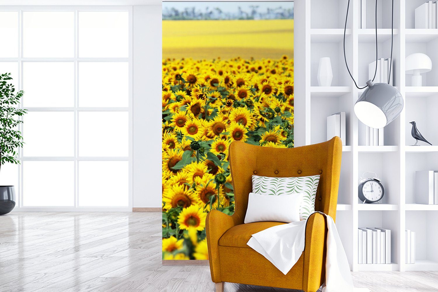 (2 für MuchoWow - Wohnzimmer Fototapete Küche, bedruckt, Matt, Sonnenblume Natur, St), Schlafzimmer - Blumen Fototapete Vliestapete