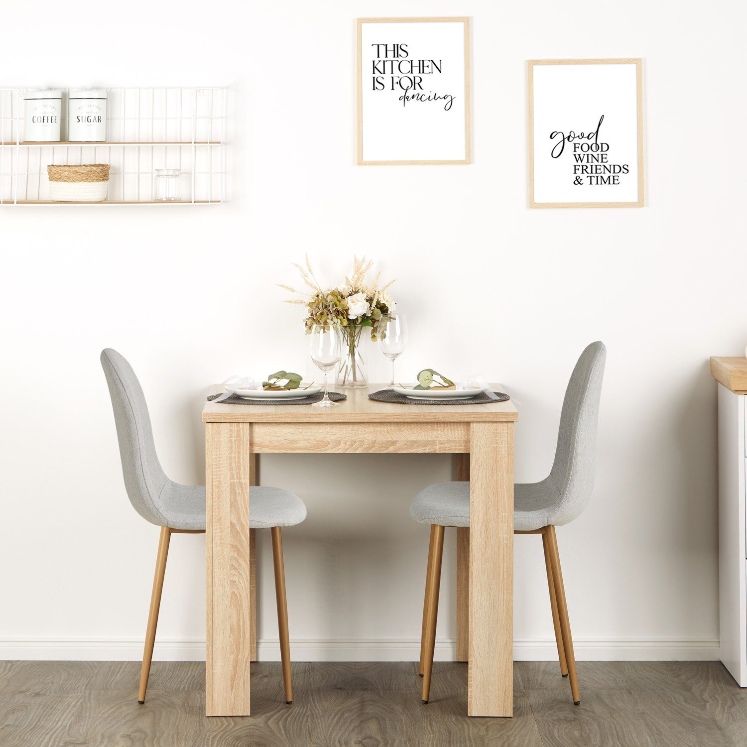 Homestyle4u Essgruppe Tisch mit 2 Stühlen Esstisch 80x80 Holz Natur Grau,  (Komplett-Set, 3-tlg)