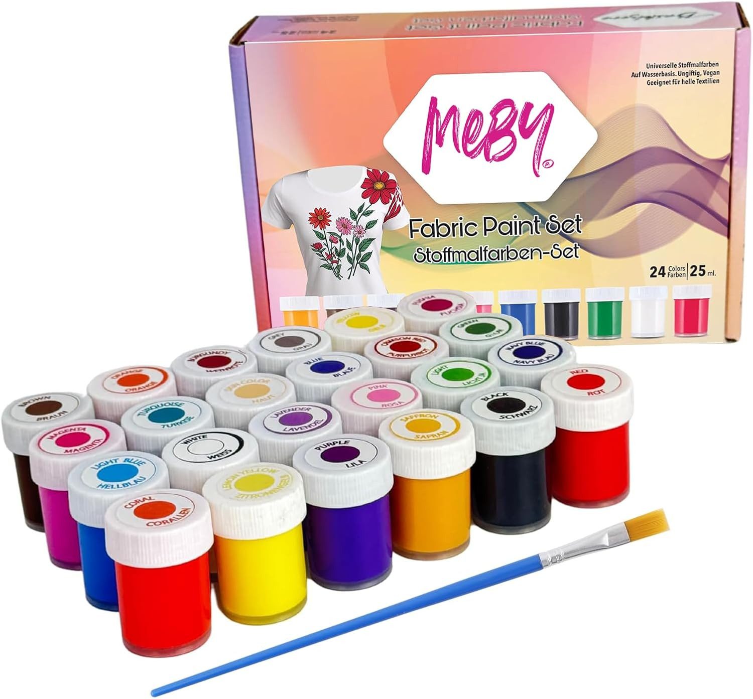 Greenpoint Textilfarbe Textilfarben Stoffmalfarben Stofffarben Set 24 Farben mit Pinsel, 24 Farben inkl. Pinsel, hochpigmentiert, wasserbasiert, waschfest