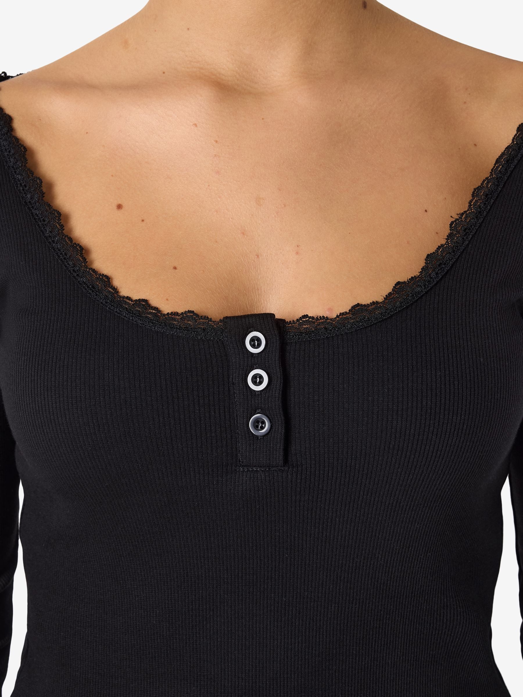 Noisy may T-Shirt Tiefer Rundhals Spitze Knopfleiste Rippstruktur Komfort für Damen (1-tlg) Baumwolle Slim Fit Rundhals Langarm Einfarbig atmungsaktiv