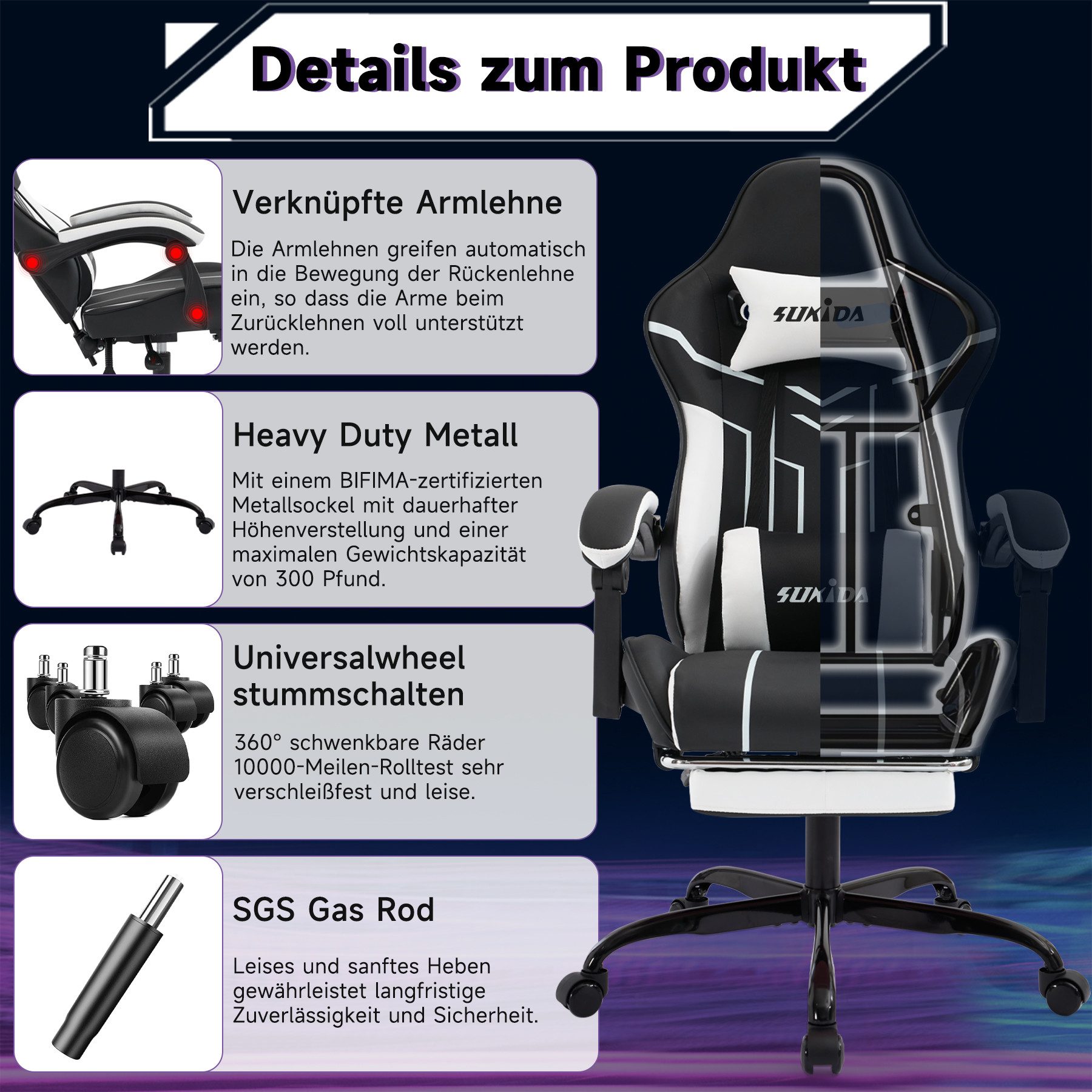 Odikalo Gaming-Stuhl Computerstuhl Bürostuhl Ergonomisch Polsterstuhl Fußstütze Mehrfarbig