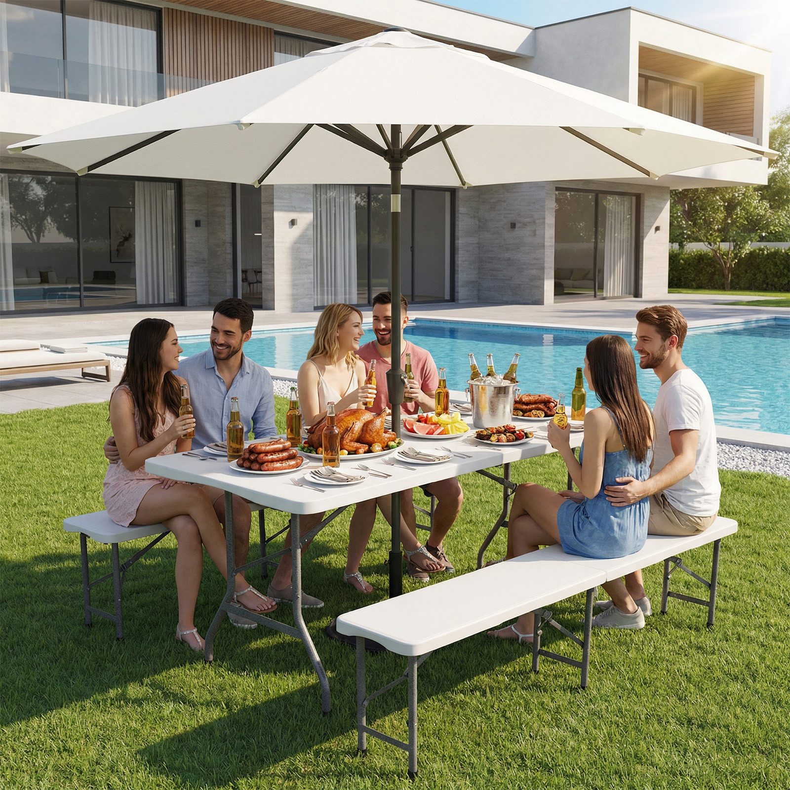 Sekey Bierzeltgarnitur Klappbar Bierzeltgarnitur 180cm Festzeltgarnitur Biertisch Set, 3-teilig, Tisch + 2 x Bierbank, Gartenmöbel Set