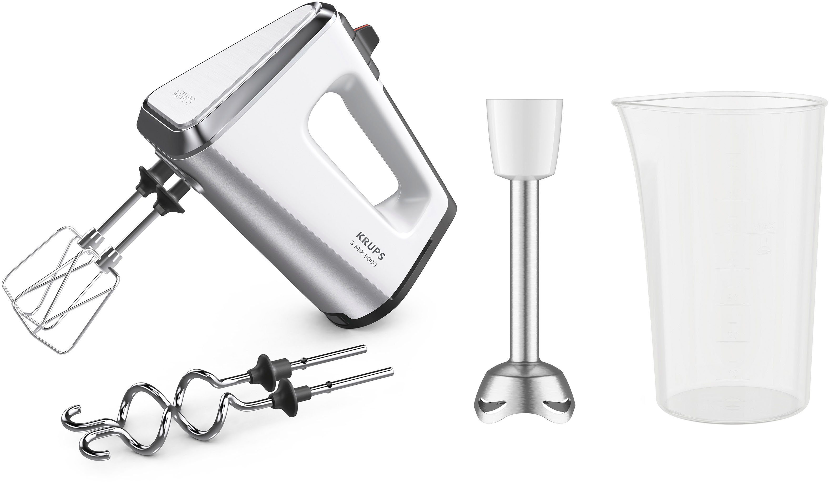 Krups Handmixer GN9121 3, Mix 9000, 750 W, inkl. Schneebesen, Knethaken, Pürierstab-Aufsatz, Messbecher