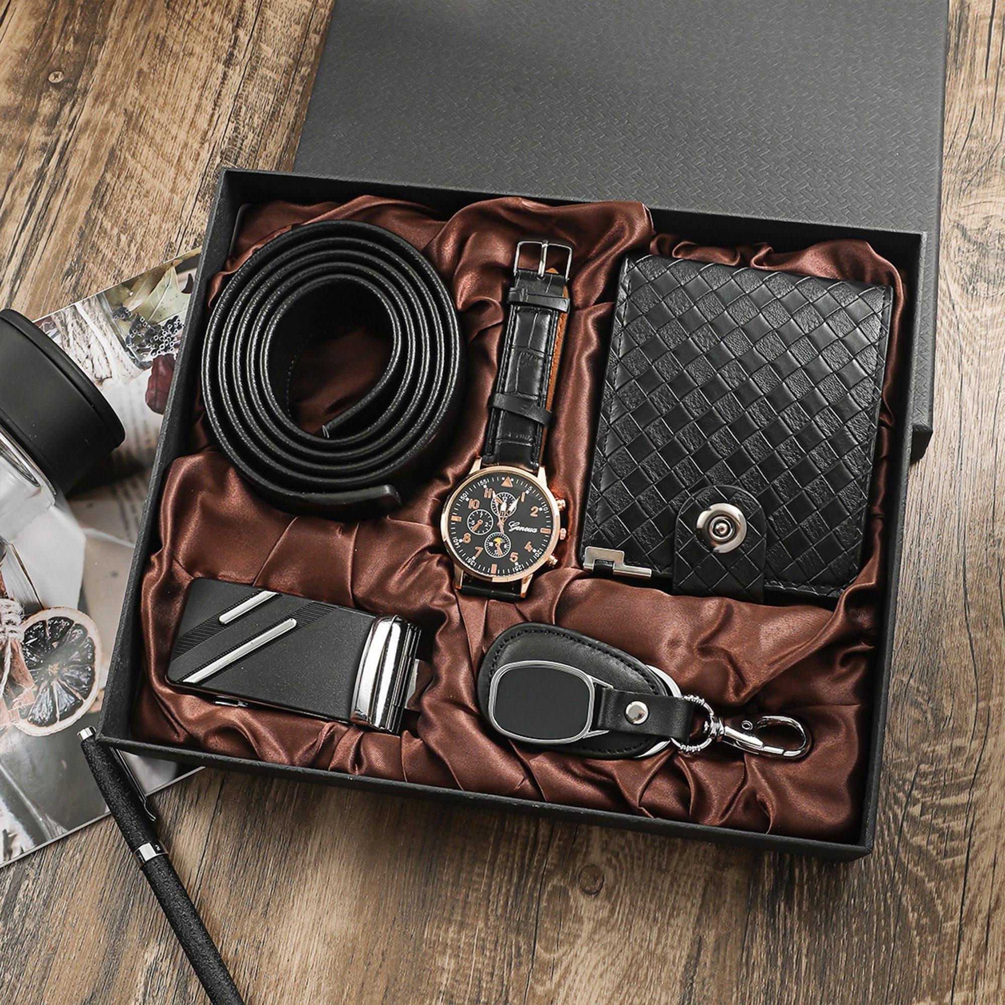 Fyrove Geldbörse 4-teiliges Herren Geschenkset, Uhr, Gürtel,Sonnenbrille (Leder, elegant, für Vatertag & Geburtstag, Geburtstagsgeschenk, Männer Geburtstag Hochzeitstag Geschenke), Geburtstag, Weihnachten & Valentinstag