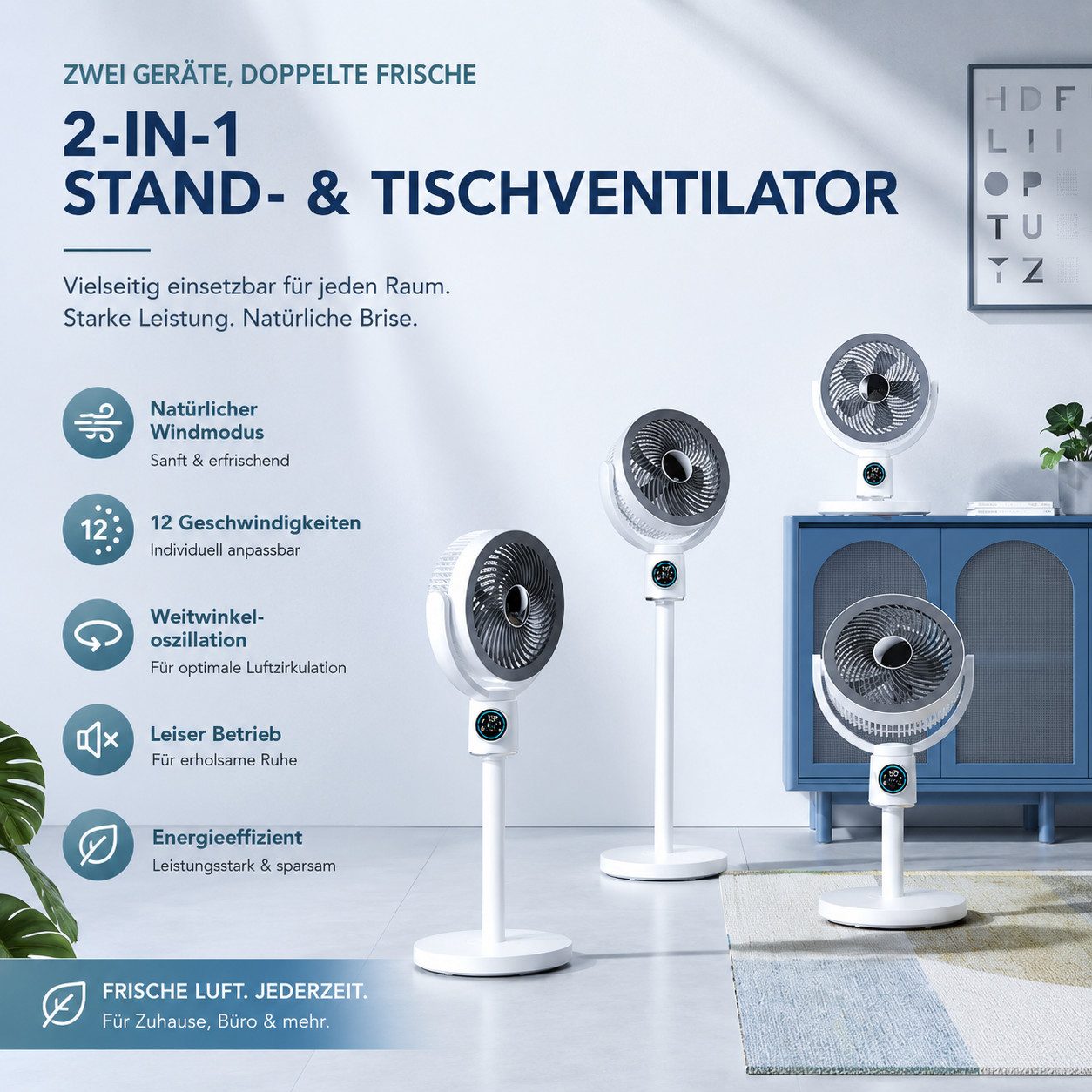 MOPUEA Standventilator 3 in1 Tischventilator Standventilator, flexibel höhenverstellbar, 12h Timer & 7 Stufen, mit Fernbedienung, mit Aromabox, mit LED-Display