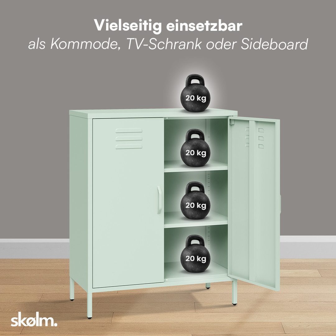 skølm Kommode Atria aus Metall (Pastellgrün, 3 Fächer), höhenverstellbare Böden, Highboard auch verfügbar mit Schubladen