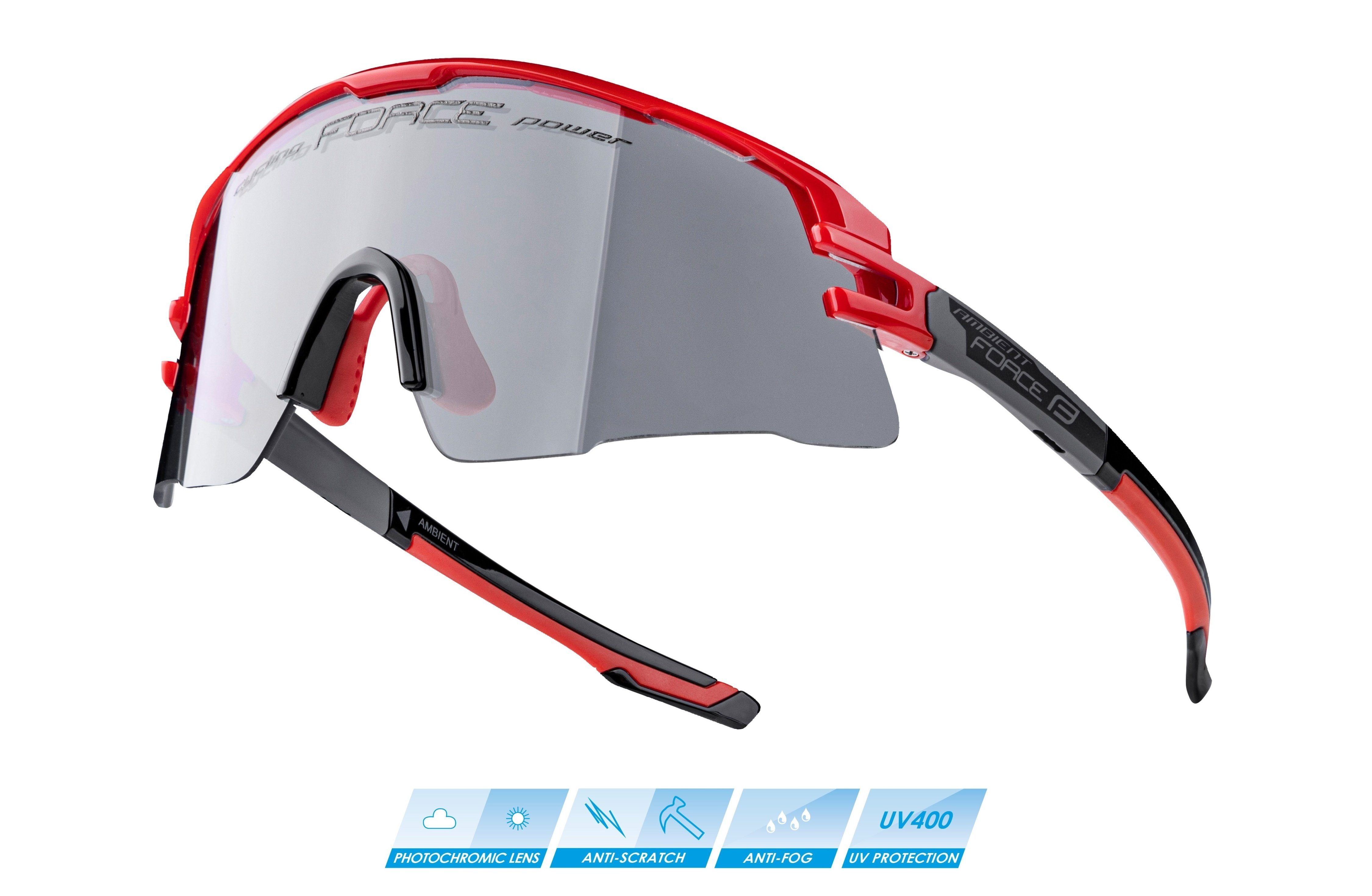 photochrom grau-rot, FORCE AMBIENT Sonnenbrille Fahrradbrille FORCE
