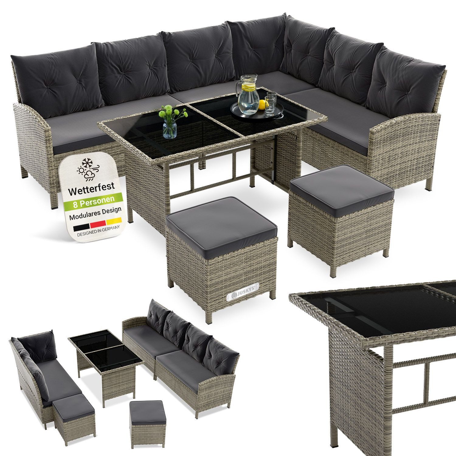 Juskys Gartenlounge-Set Manacor, (Gartenlounge), Polyrattan Gartenmöbel-Set mit Garten-Sofa, Garten-Tisch und 2 Hocker