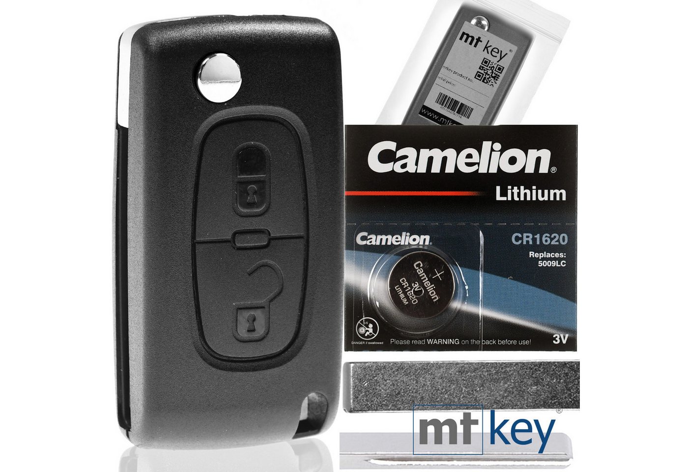 mt-key Klapp Schlüssel Reparatur Gehäuse 2 Tasten + HU83 Rohling + 1x CR1620 Knopfzelle, CR1620 (3 V), für Peugeot Citroen 208 207 307 308 FIAT Funk Fernbedienung