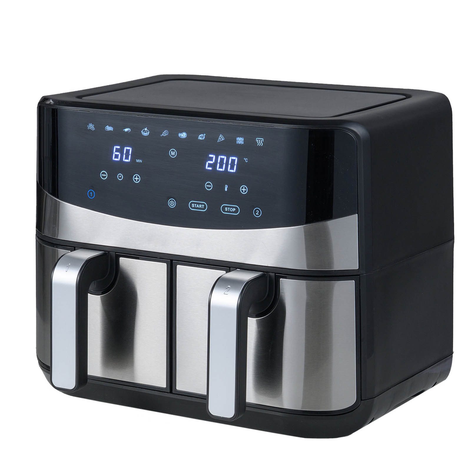 KOMFOTTEU Heißluftfritteuse, 2100 W, 8 L Airfryer aus Edelstahl mit 2 Kammern, 10 Programmen, 40-200°C